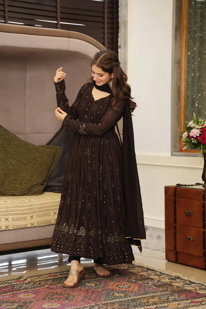 Black Embroidery Georgette Anarkali Suit