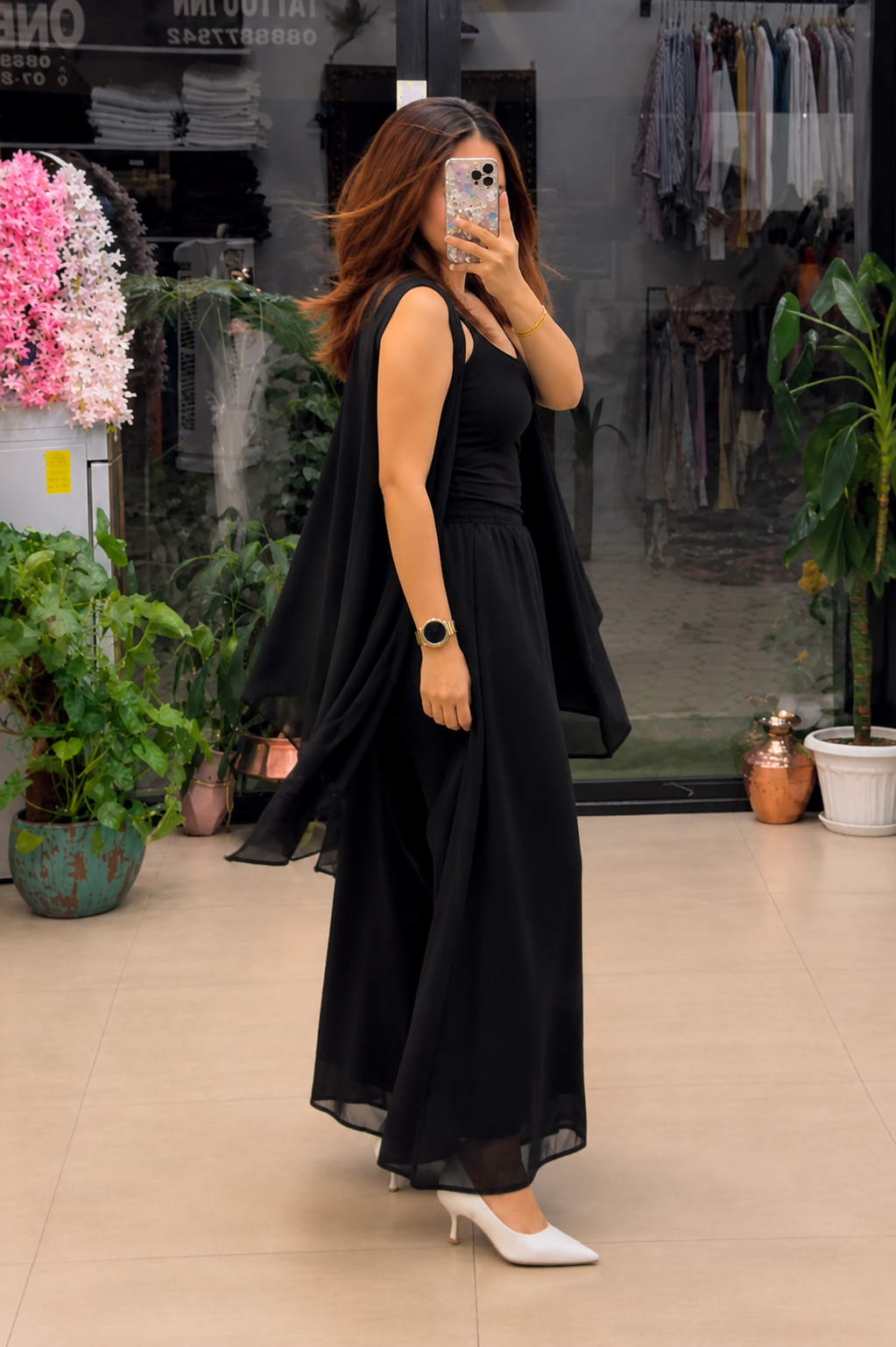 Women's Black 3-Piece Co-Ord Set with Sleeveless Inner, Flowy Shrug & Palazzo