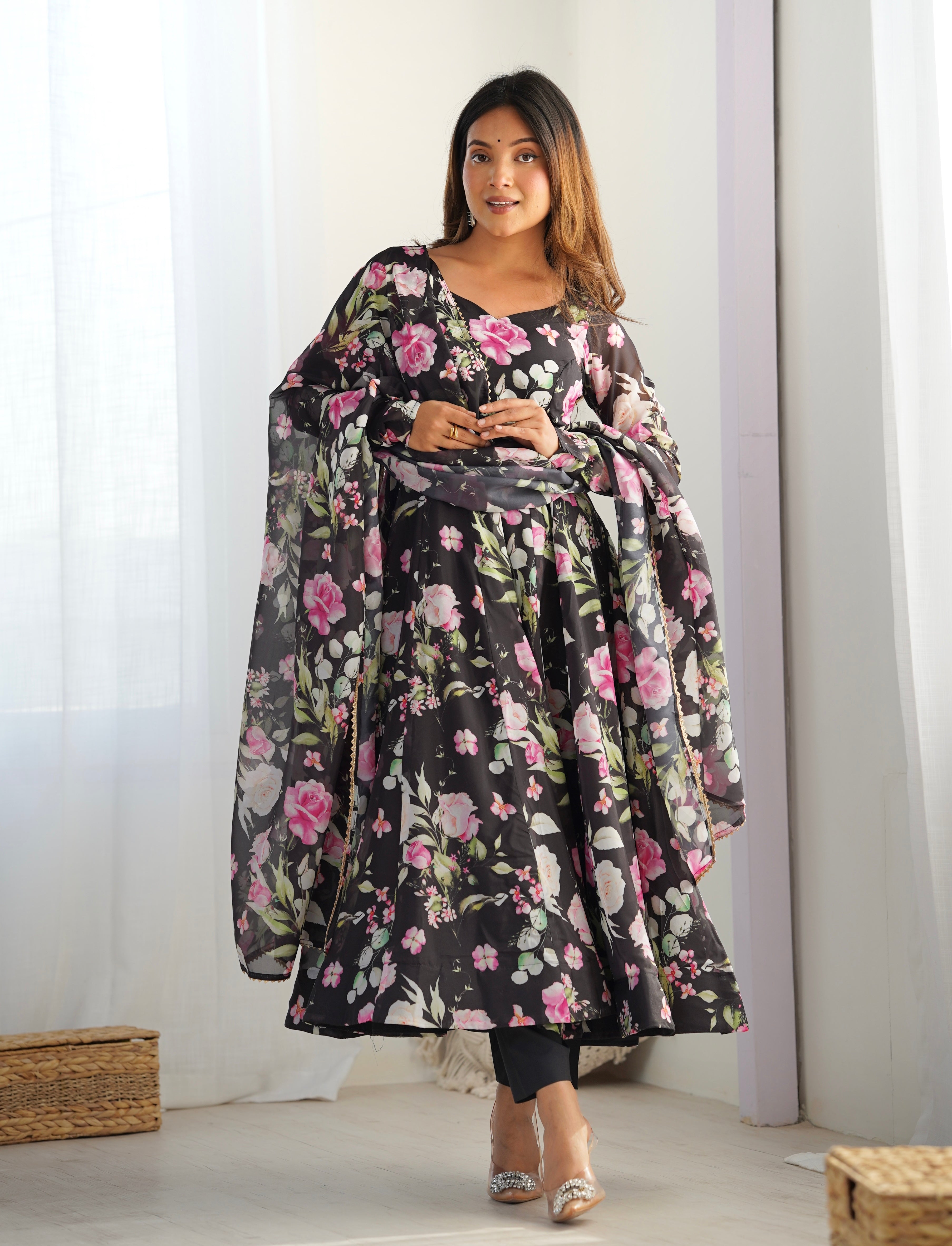 White Designer Partywear Printed Organza Silk Anarkali Set