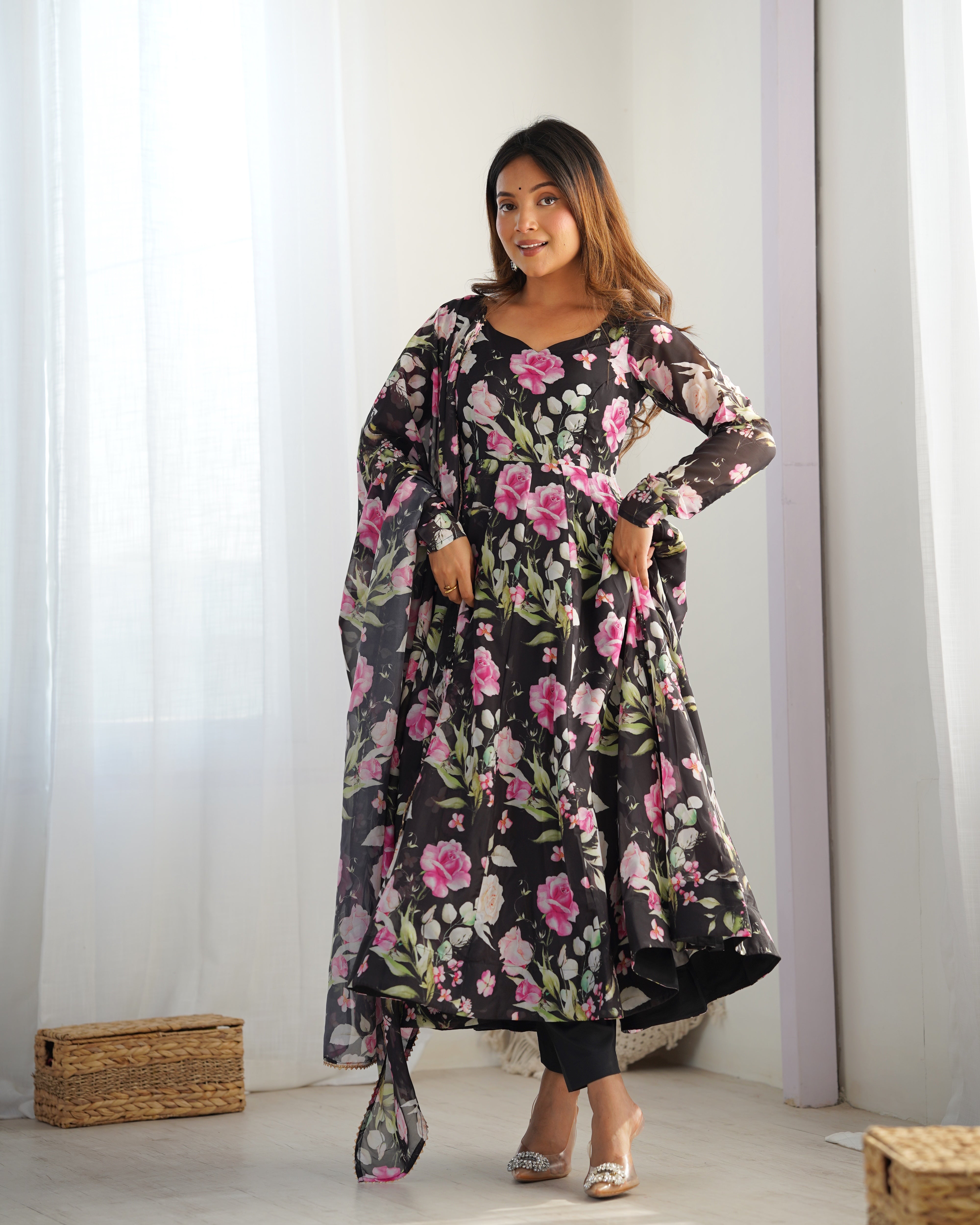 White Designer Partywear Printed Organza Silk Anarkali Set