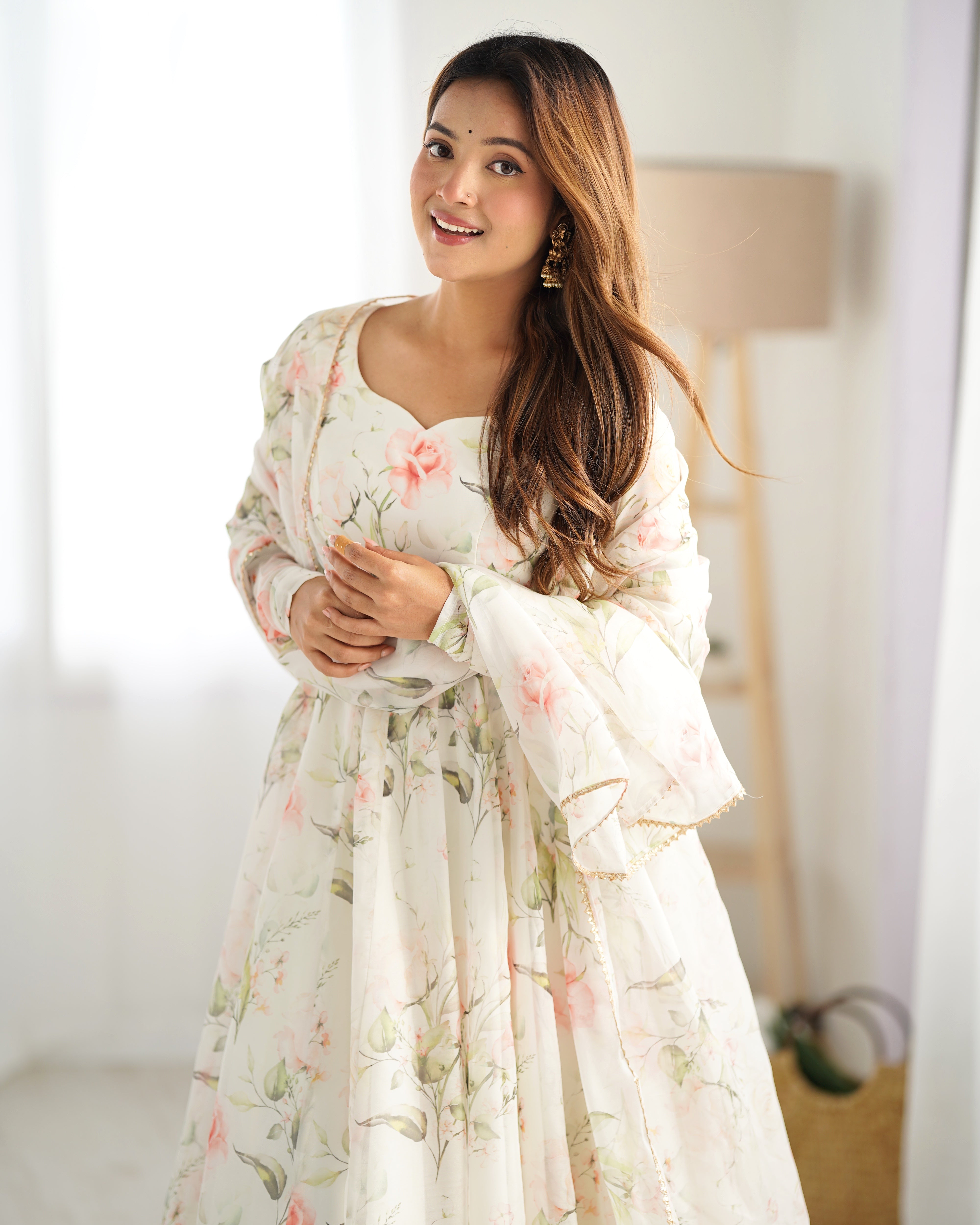 White Designer Partywear Printed Organza Silk Anarkali Set