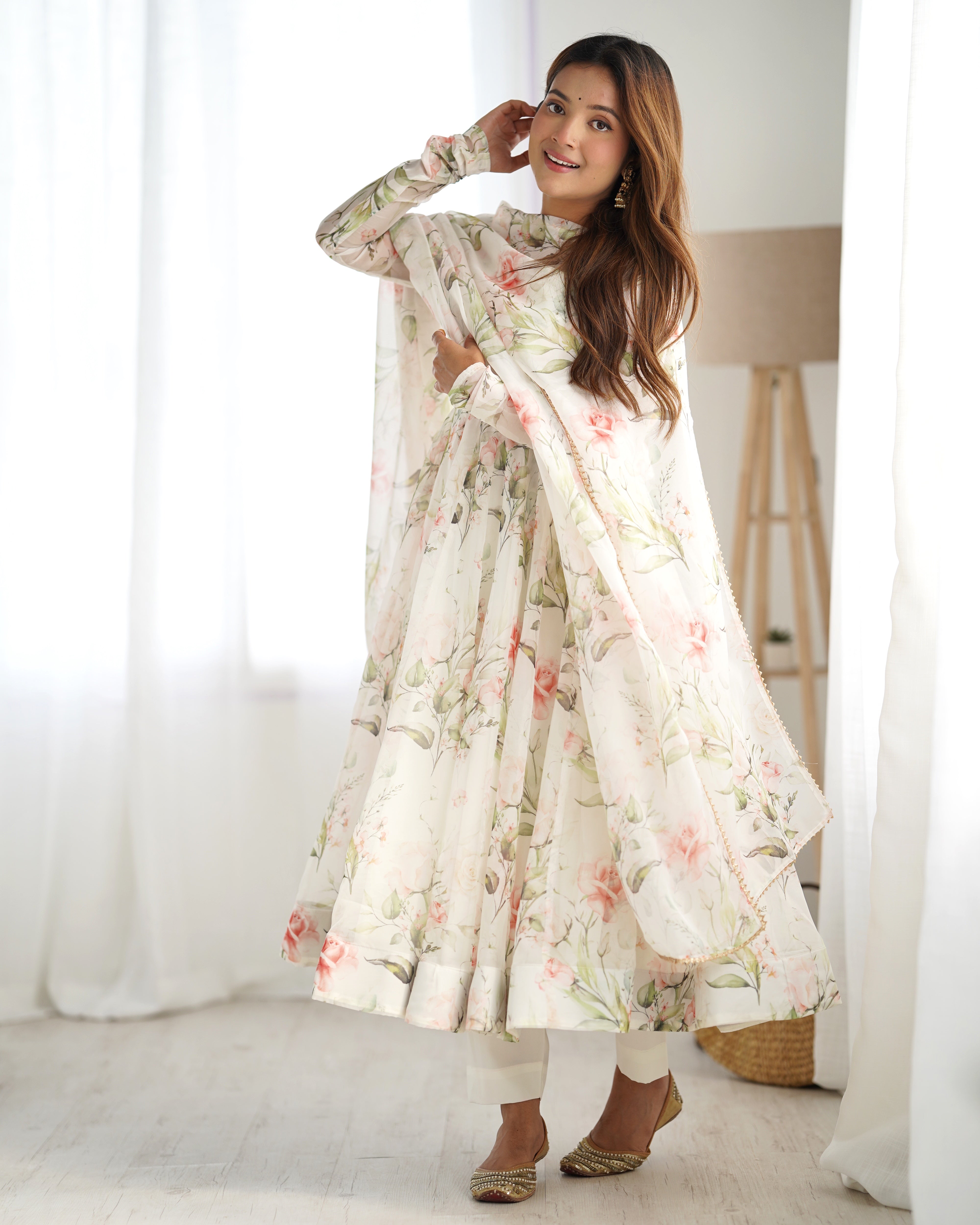 White Designer Partywear Printed Organza Silk Anarkali Set