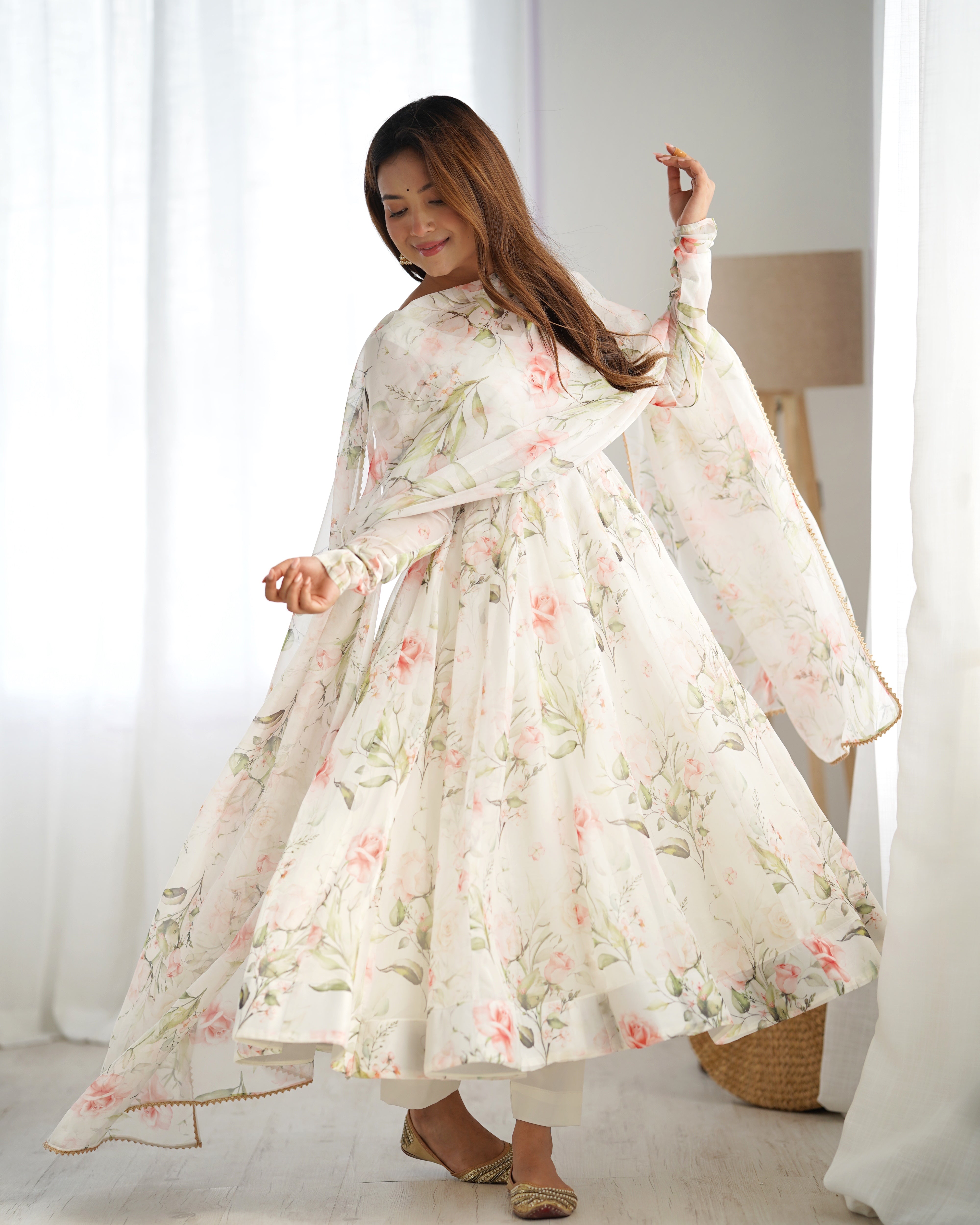 White Designer Partywear Printed Organza Silk Anarkali Set