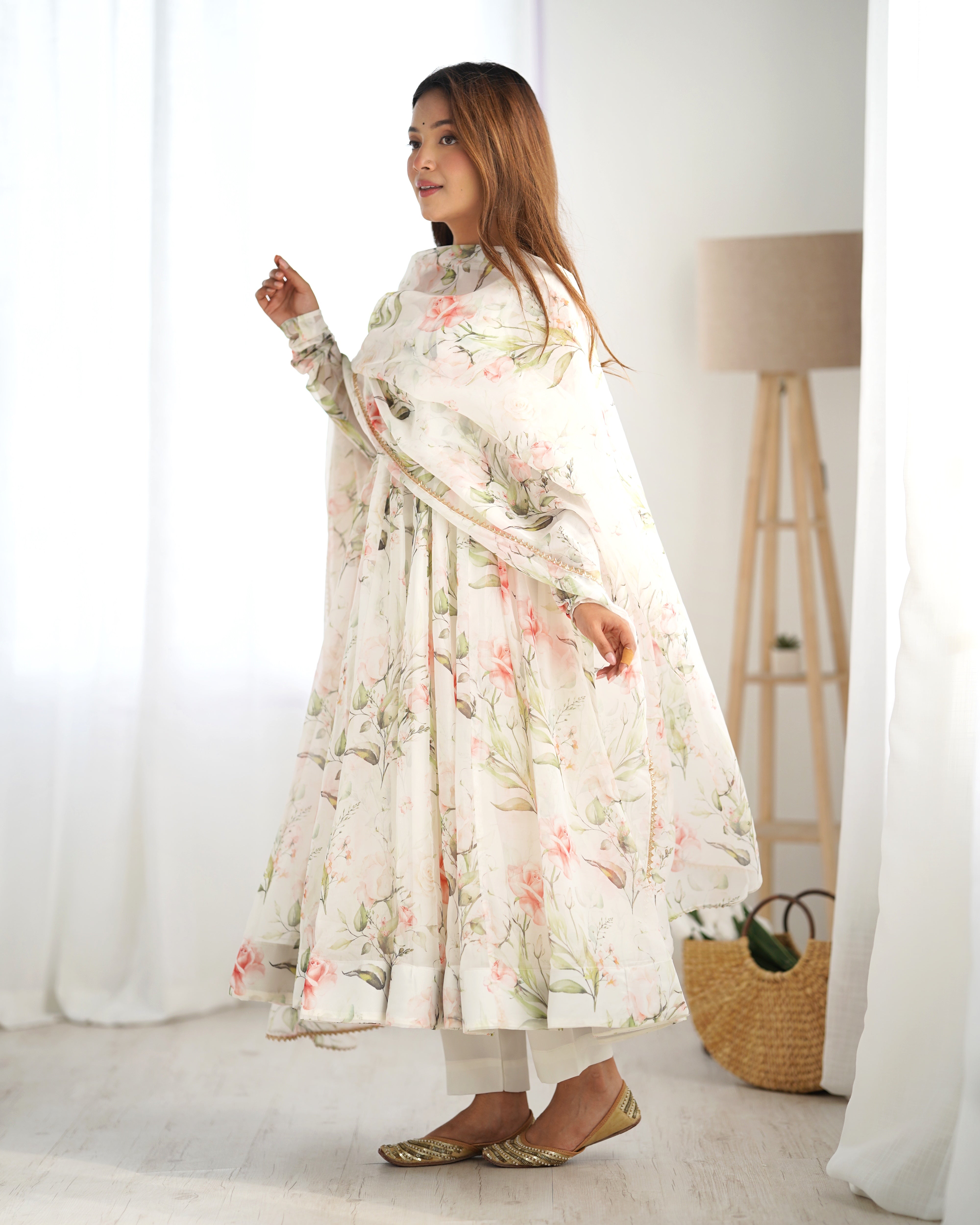 White Designer Partywear Printed Organza Silk Anarkali Set