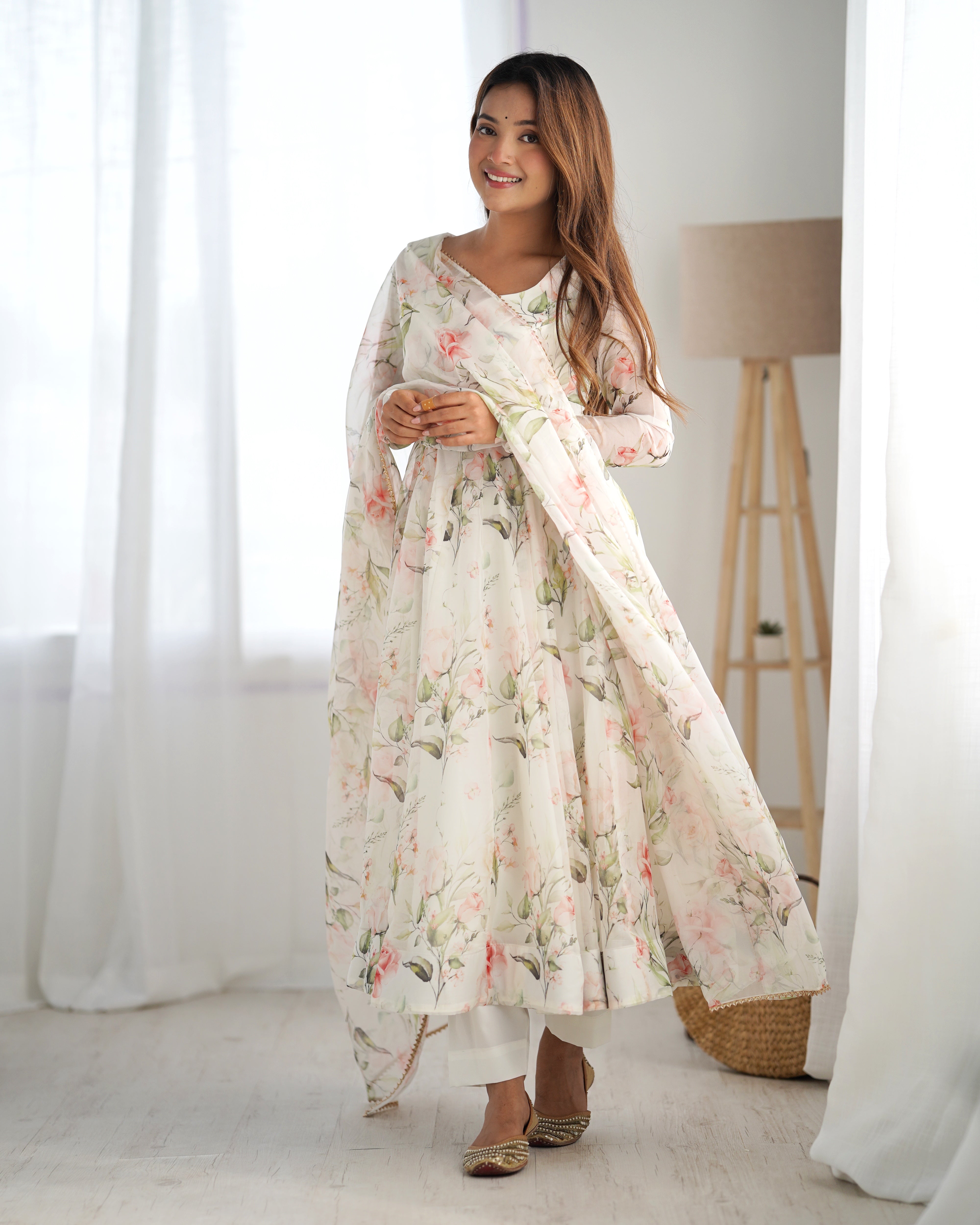White Designer Partywear Printed Organza Silk Anarkali Set
