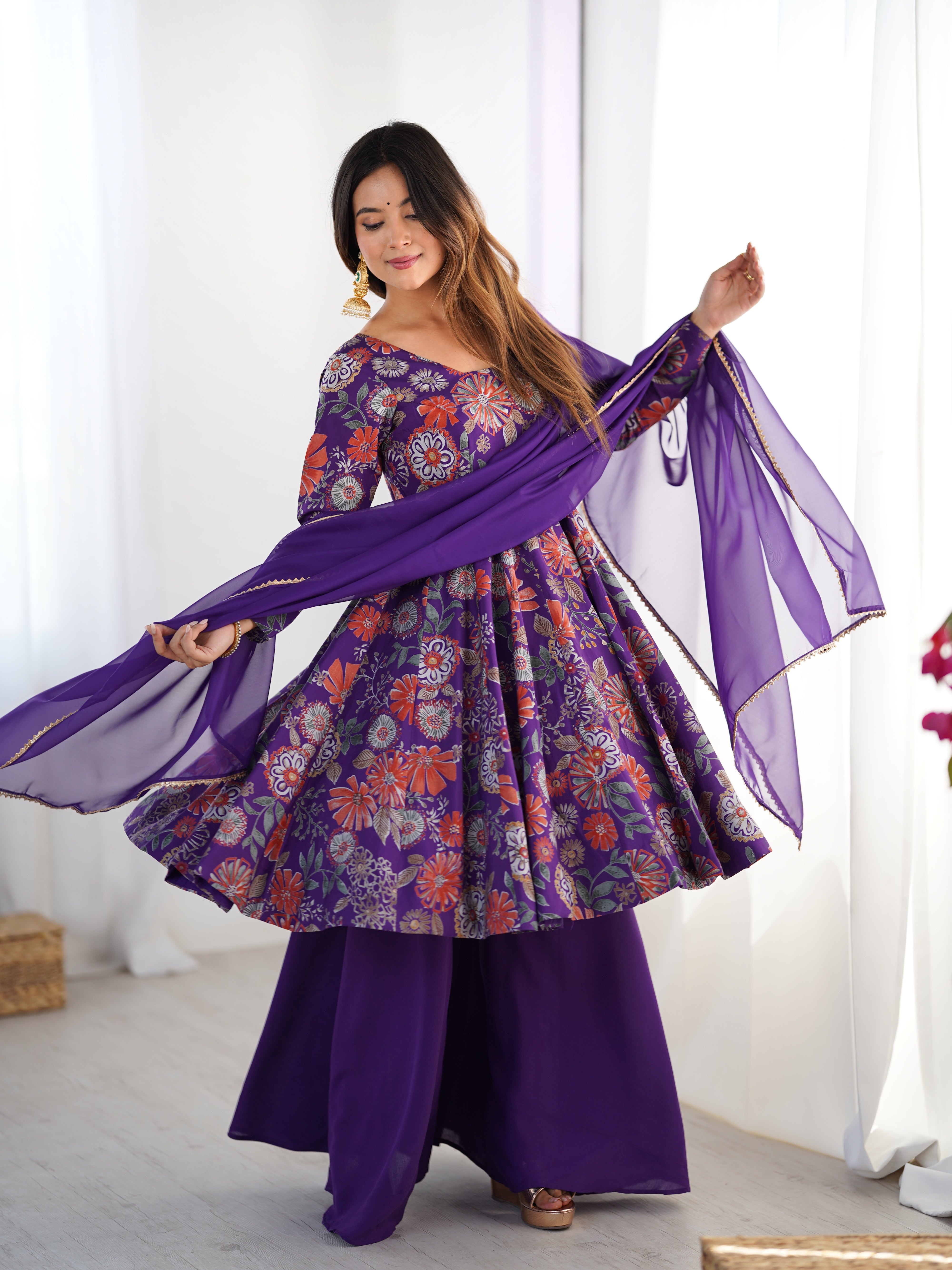Purple Color Heavy Pure Roman Silk Kediya Kurta Set with Plazzo And Dupatta Set