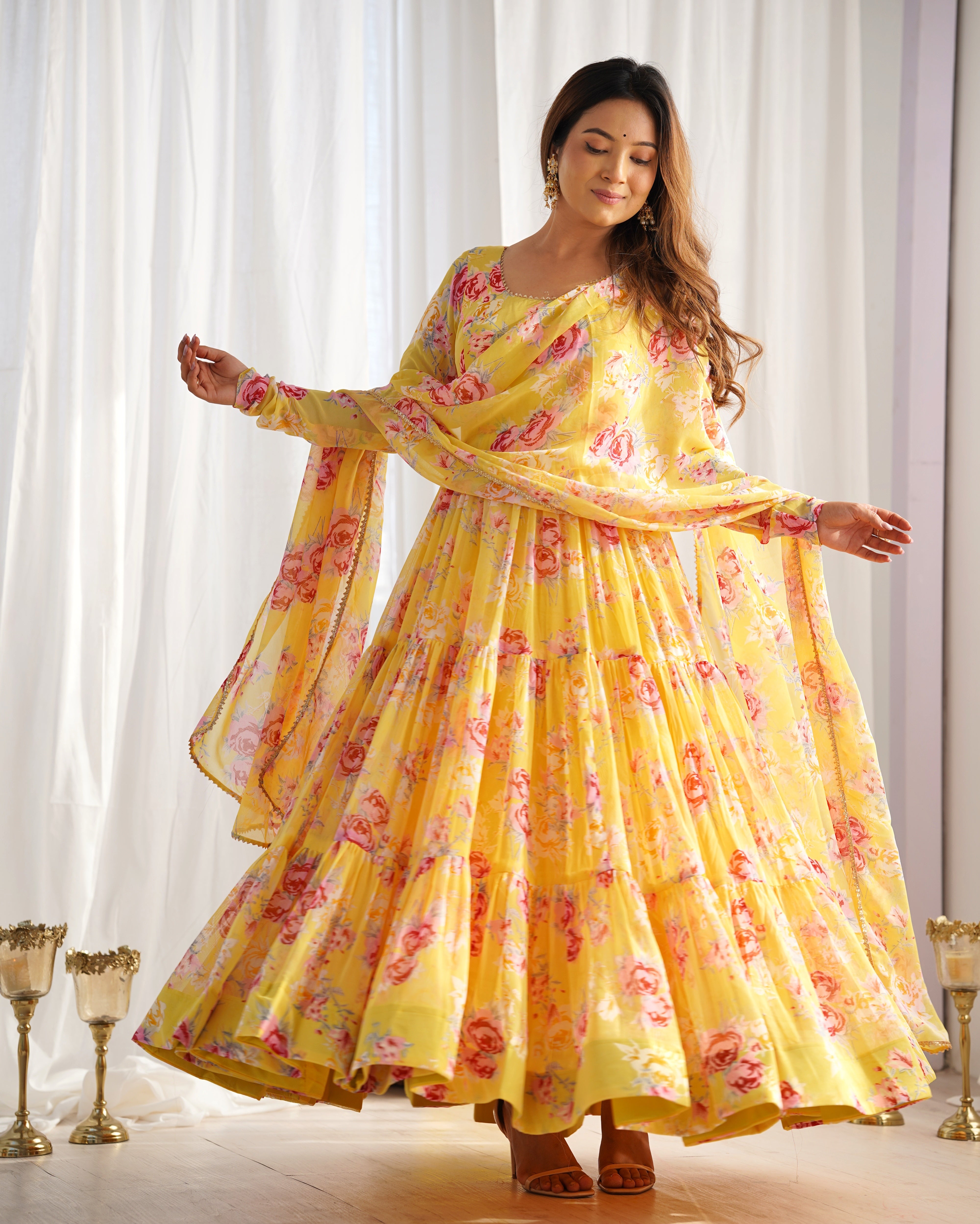 New Designer Partywear Yellow Printed Anarkali Suit With Pant