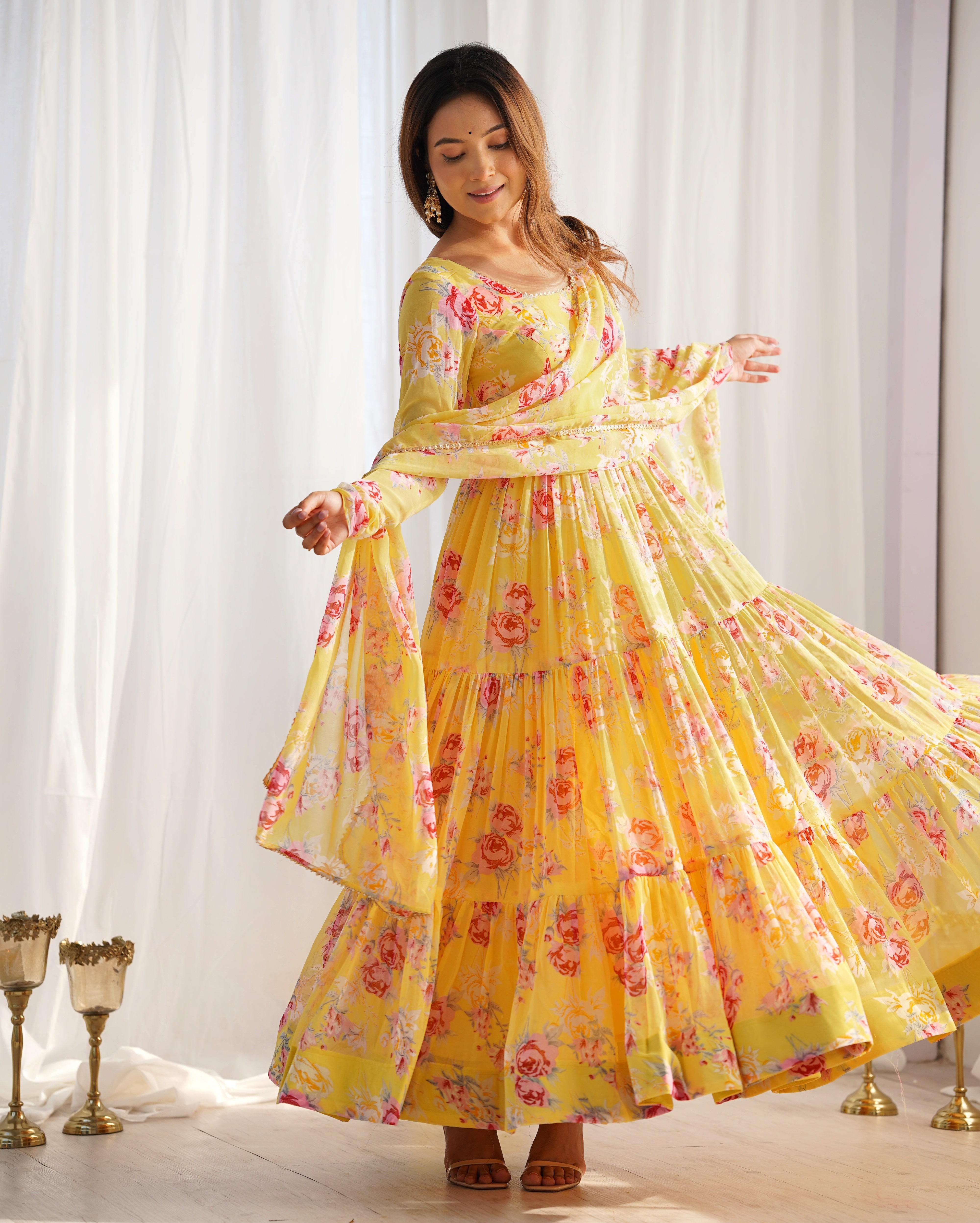 New Designer Partywear Yellow Printed Anarkali Suit With Pant