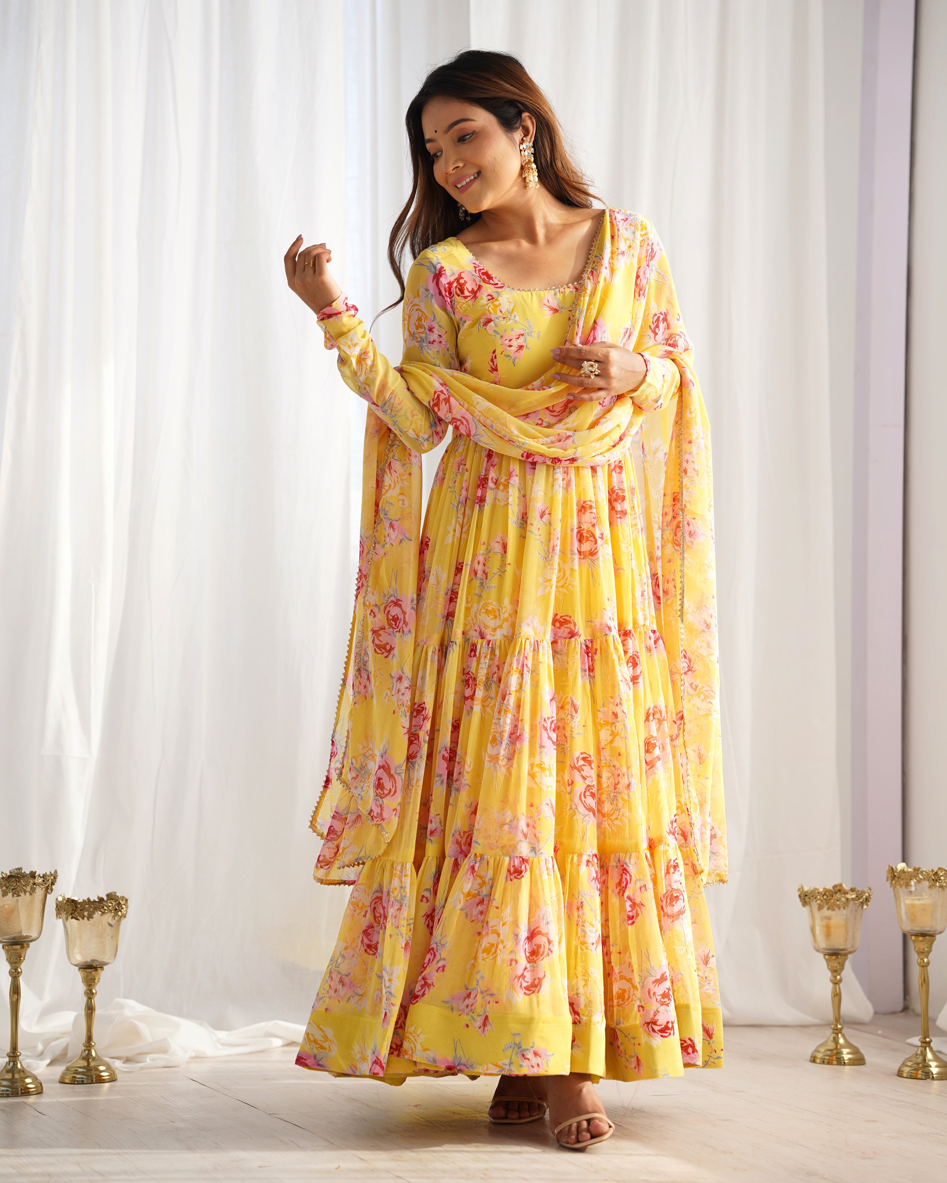 New Designer Partywear Yellow Printed Anarkali Suit With Pant