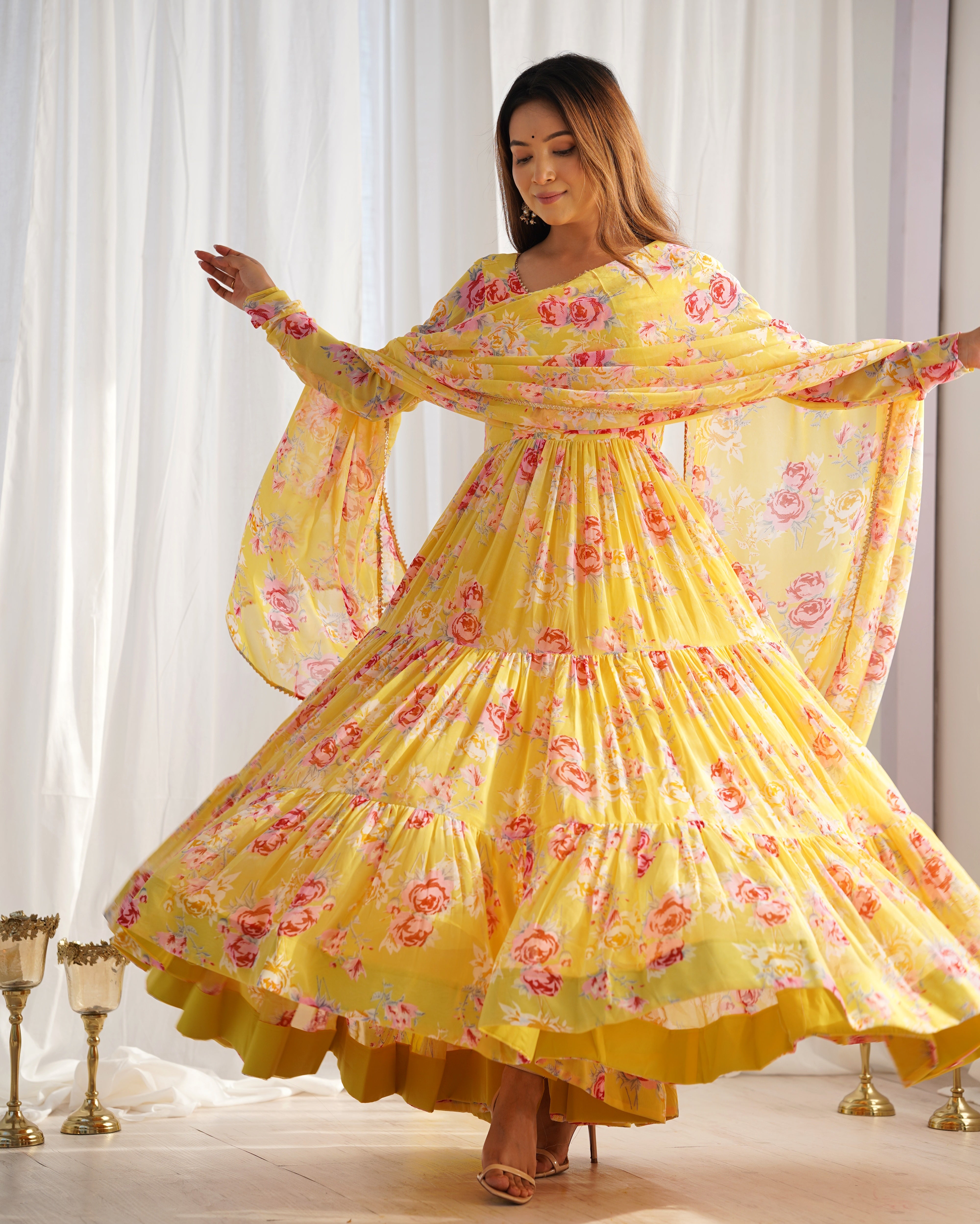 New Designer Partywear Yellow Printed Anarkali Suit With Pant