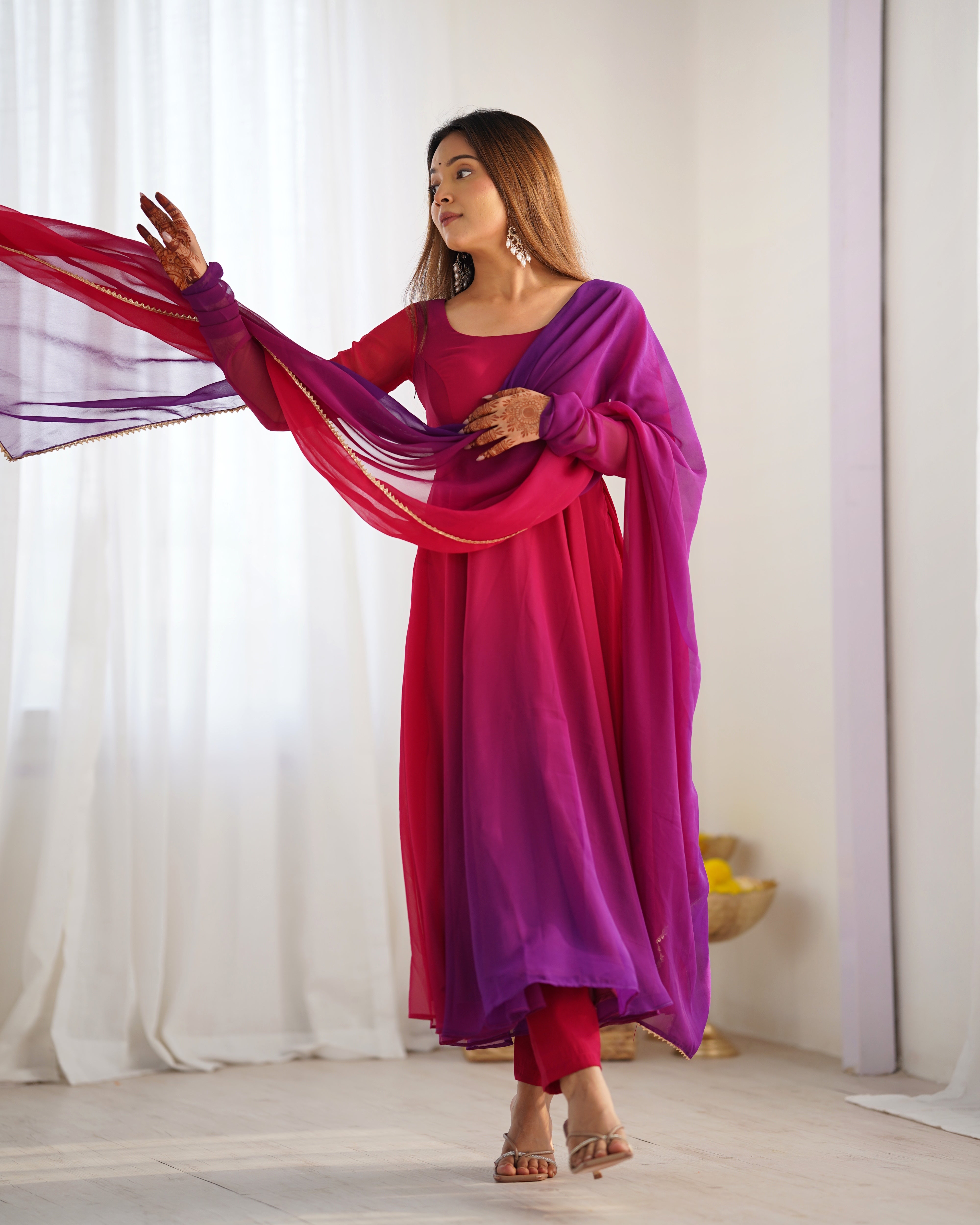 Blushing Beauty in Ethnic Style Red Purple Soft Fox Georgette Anarkali Suit
