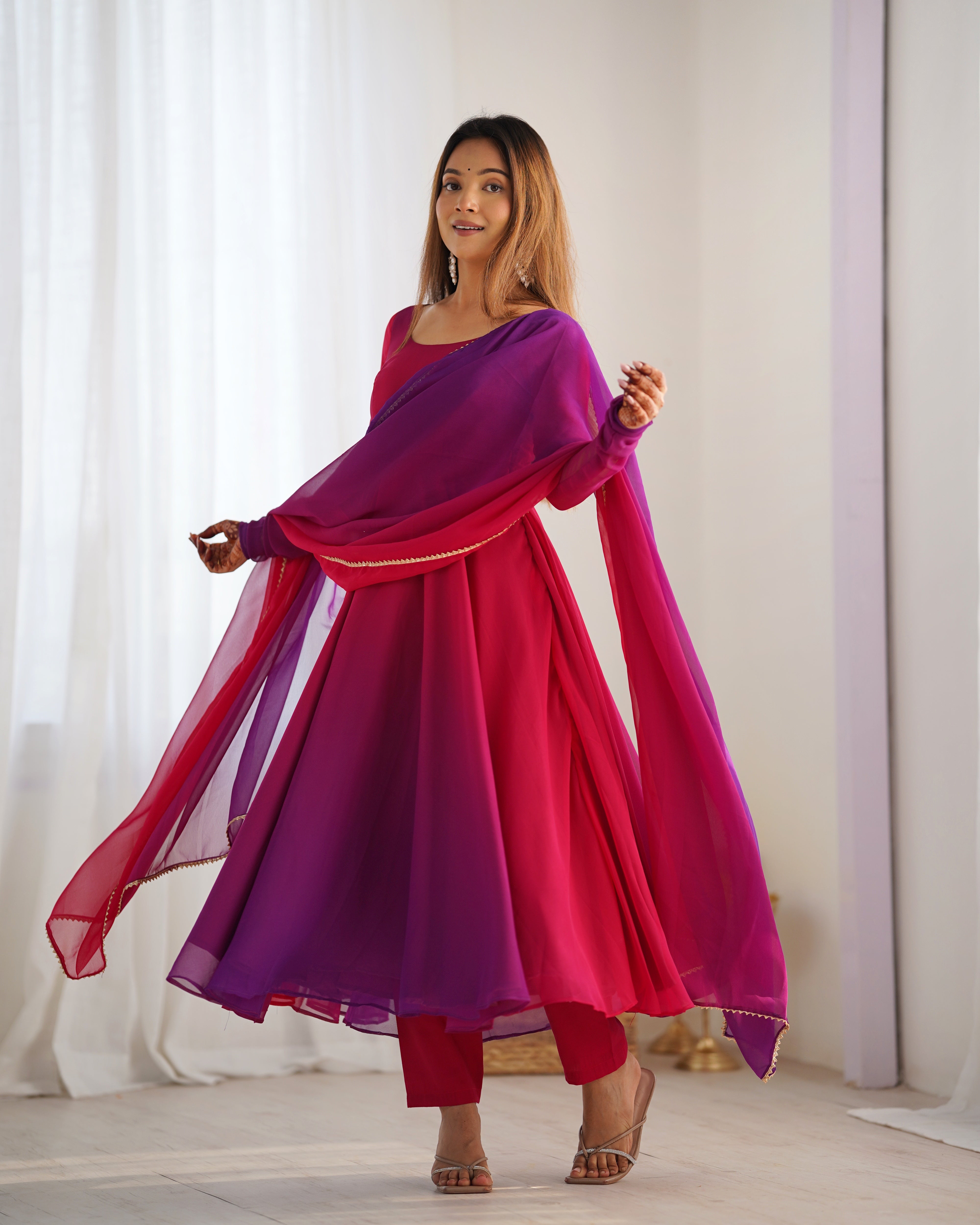 Blushing Beauty in Ethnic Style Red Purple Soft Fox Georgette Anarkali Suit