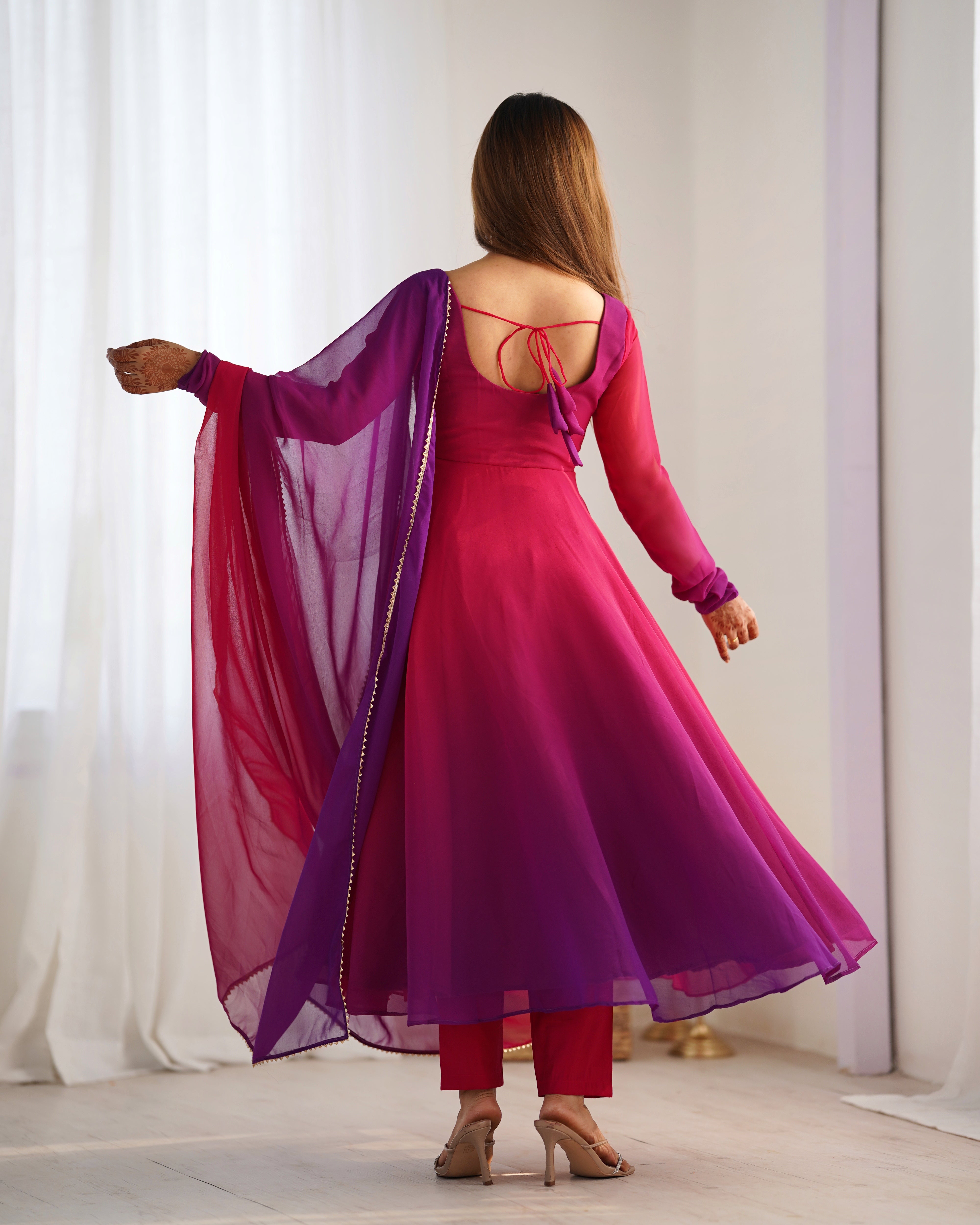 Blushing Beauty in Ethnic Style Red Purple Soft Fox Georgette Anarkali Suit