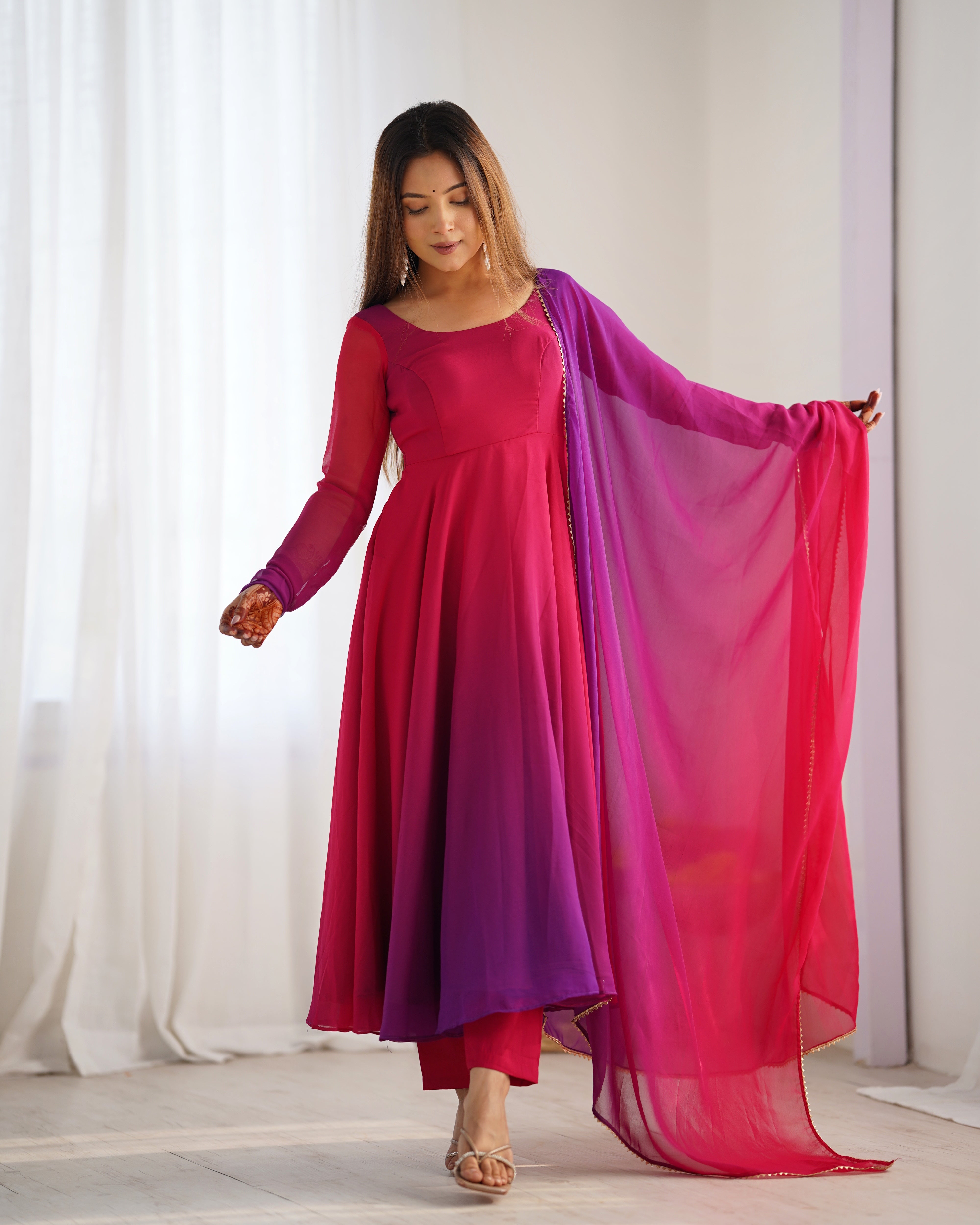 Blushing Beauty in Ethnic Style Red Purple Soft Fox Georgette Anarkali Suit