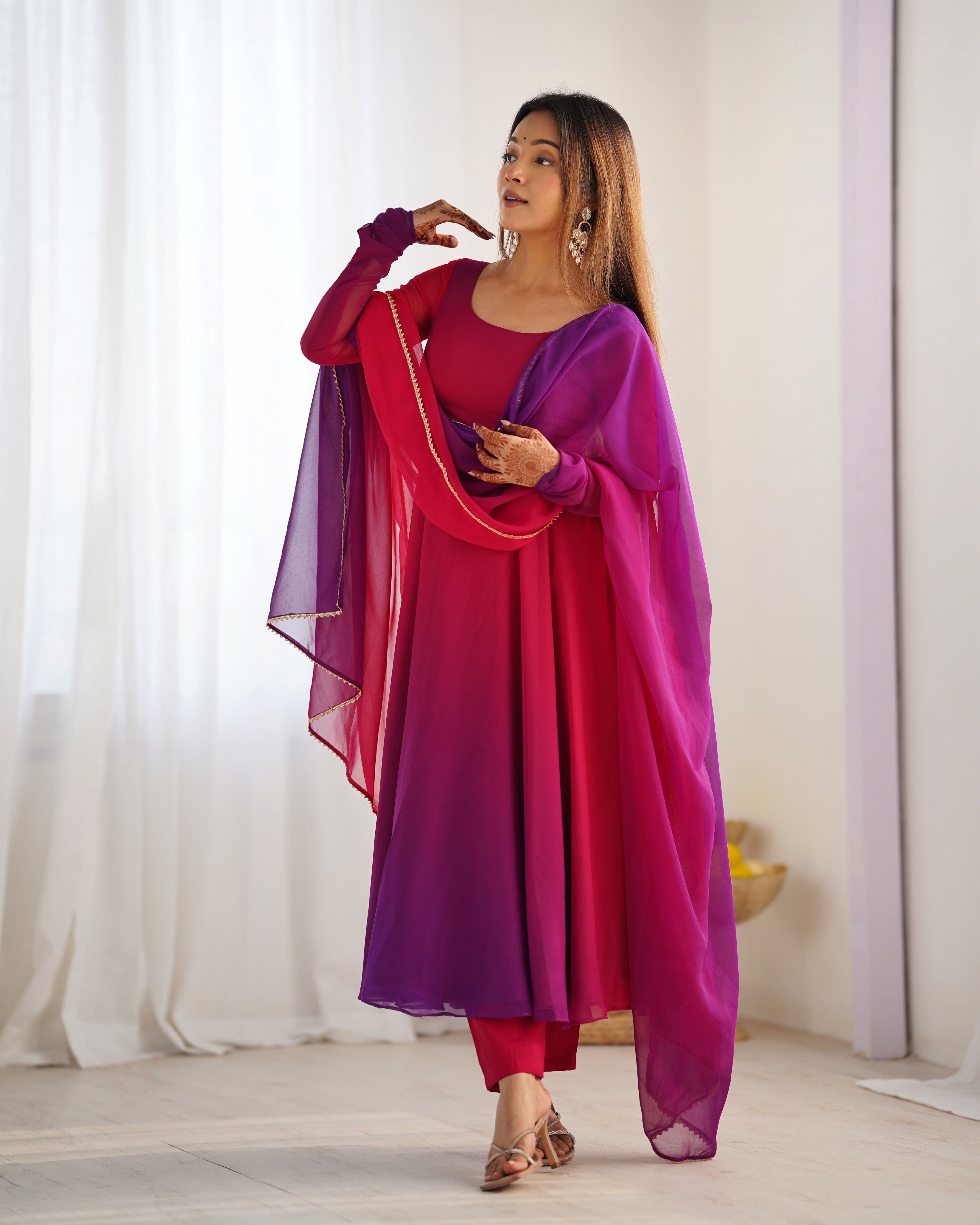 Blushing Beauty in Ethnic Style Red Purple Soft Fox Georgette Anarkali Suit