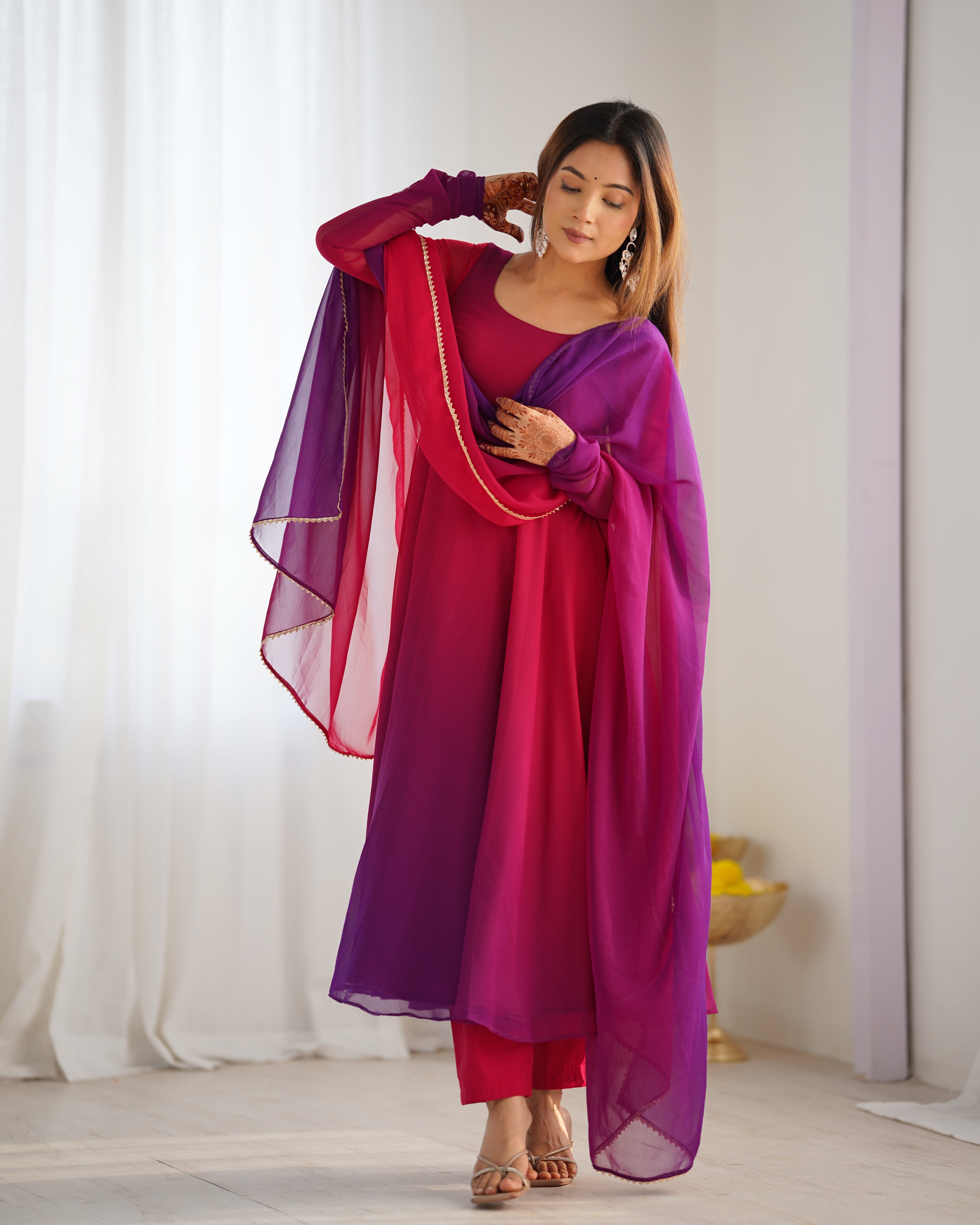Blushing Beauty in Ethnic Style Red Purple Soft Fox Georgette Anarkali Suit