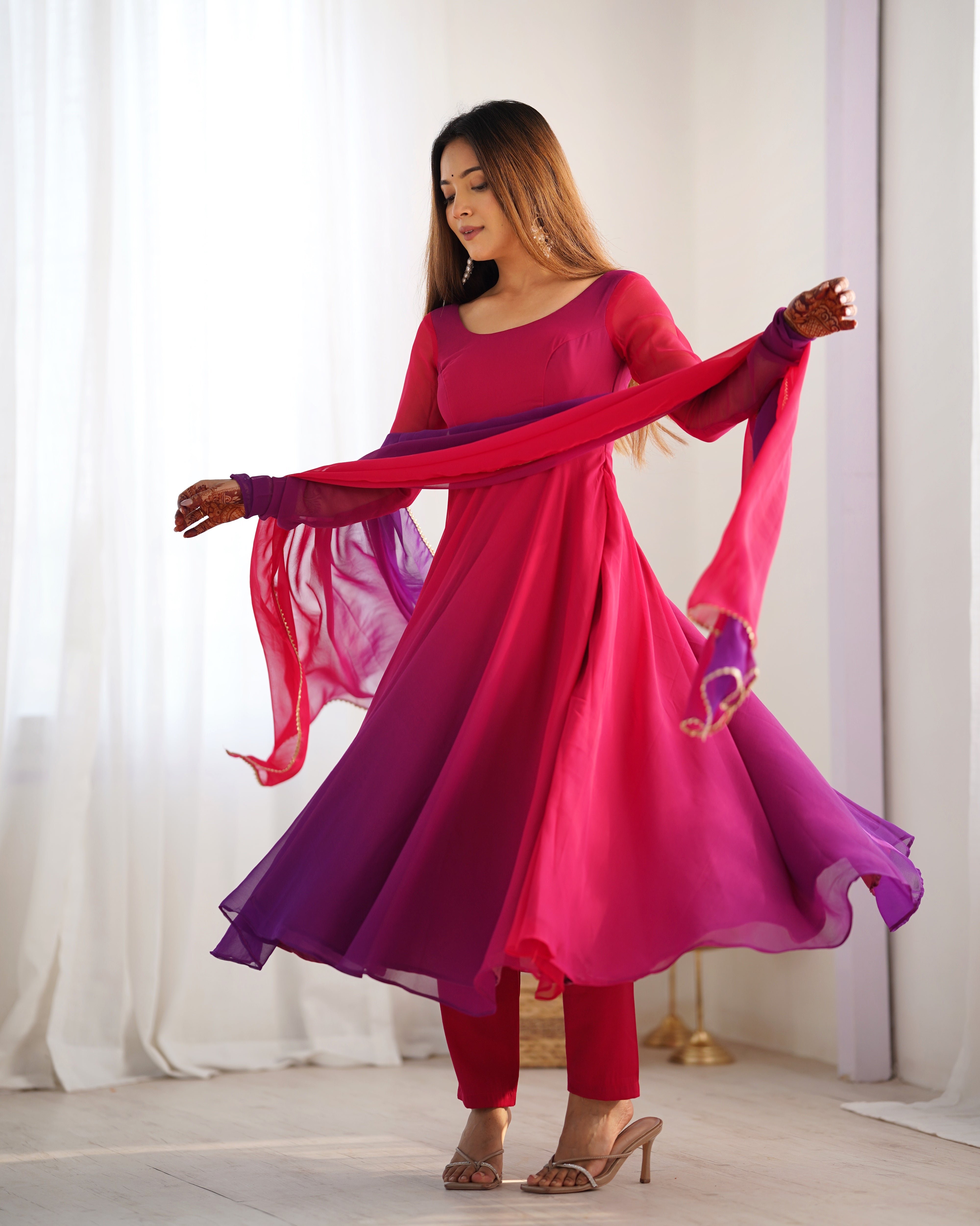 Blushing Beauty in Ethnic Style Red Purple Soft Fox Georgette Anarkali Suit