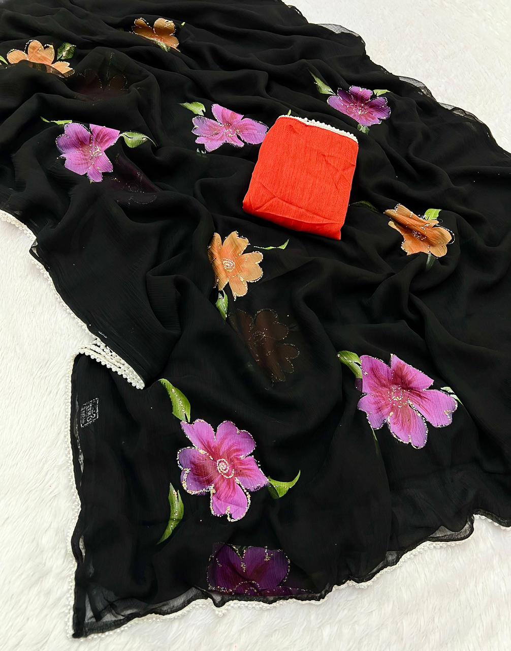 New Partywear Soft Chiffon Fabric With Beautiful Floral Handbrush Print With Golden Foil Touchup With White Pearl Lace And Contrast Art Silk Blouse