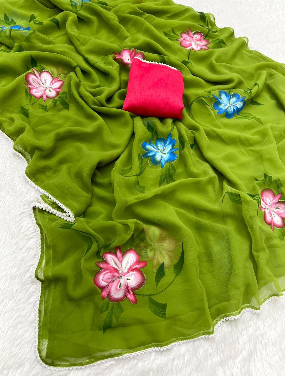 New Partywear Soft Chiffon Fabric With Beautiful Floral Handbrush Print With Golden Foil Touchup With White Pearl Lace And Contrast Art Silk Blouse