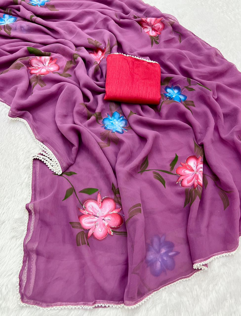 New Partywear Soft Chiffon Fabric With Beautiful Floral Handbrush Print With Golden Foil Touchup With White Pearl Lace And Contrast Art Silk Blouse