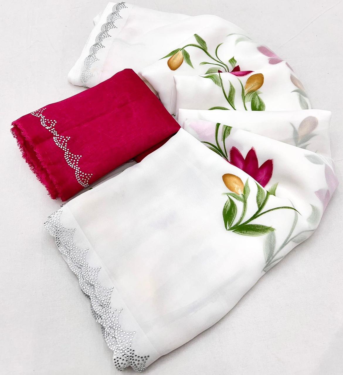 New White Color Partywear Soft Georgette Handbrush Print With Siroski Cut Work Fancy Designer Saree