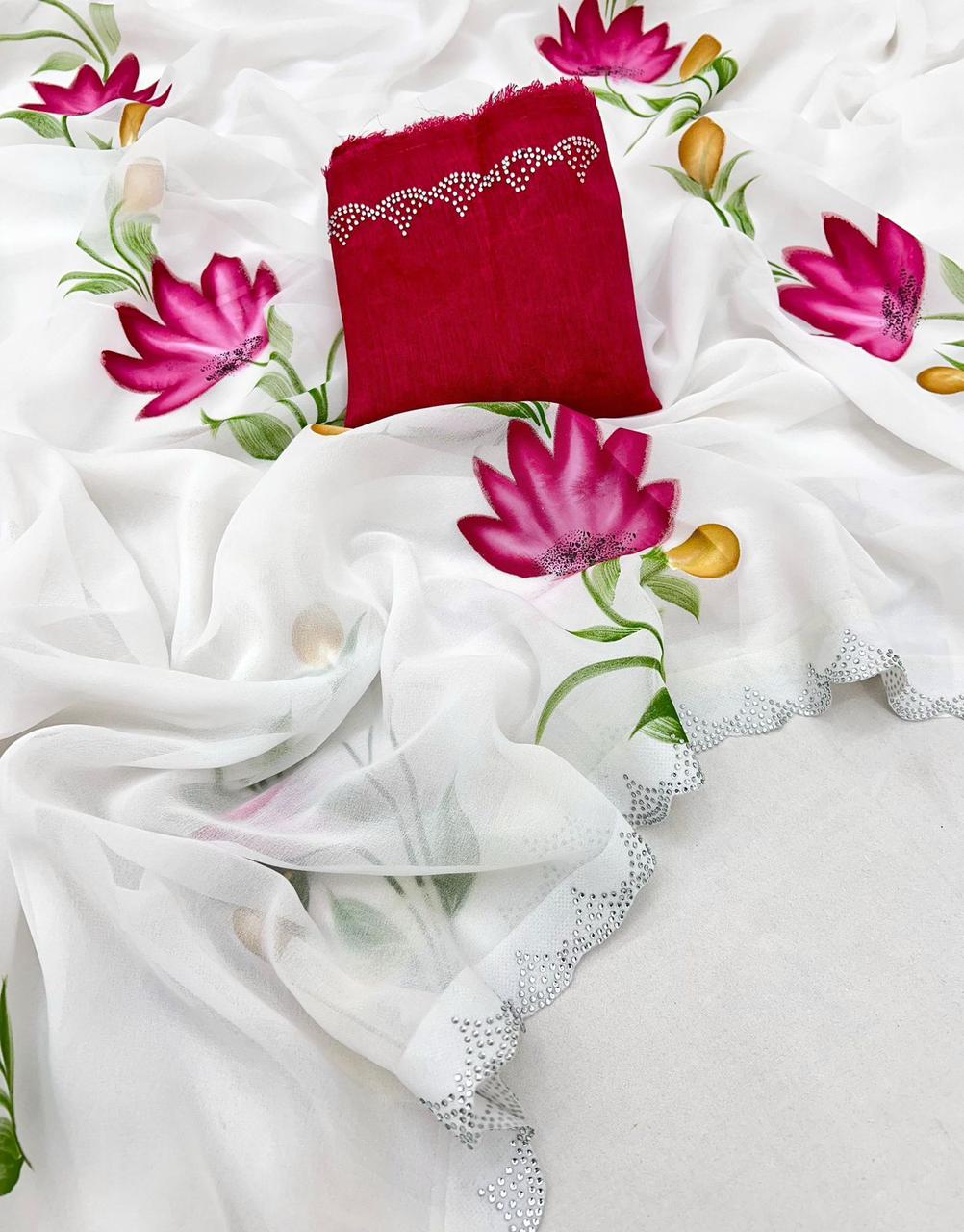 New White Color Partywear Soft Georgette Handbrush Print With Siroski Cut Work Fancy Designer Saree