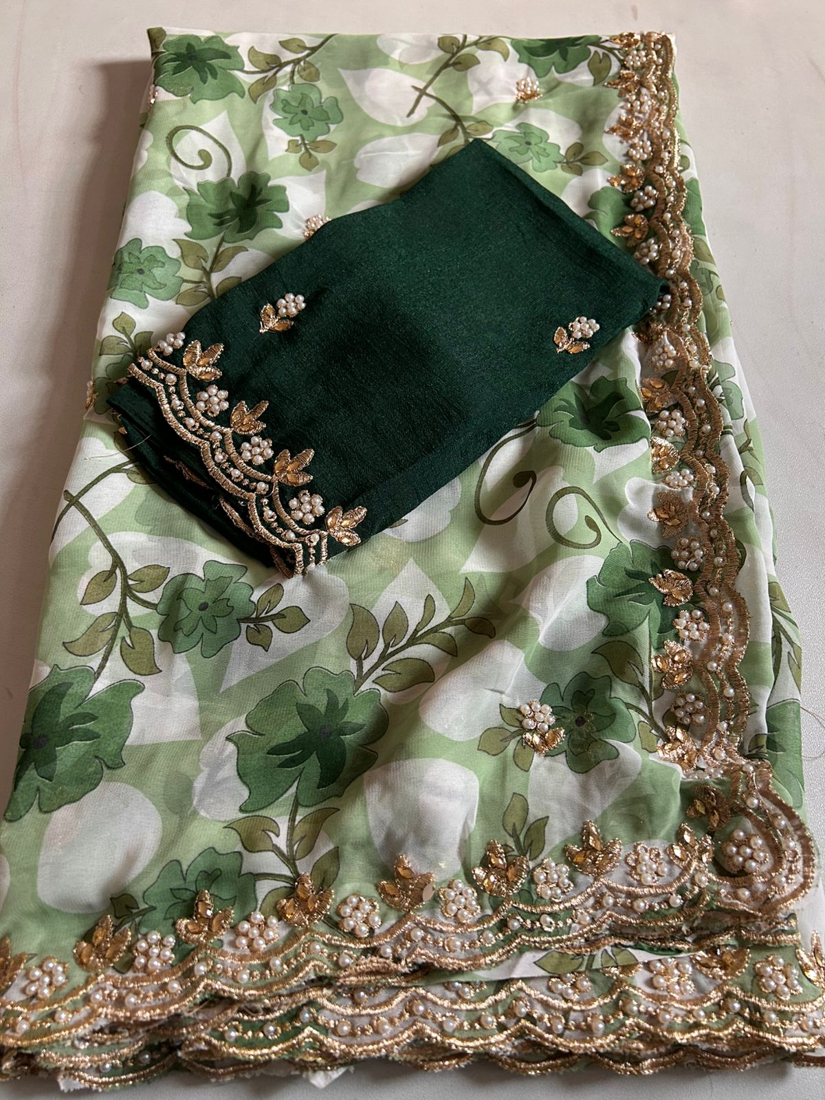 New Partywear Georgette saree with beautiful print with embroidery and work sequence butty scalloped Lace border