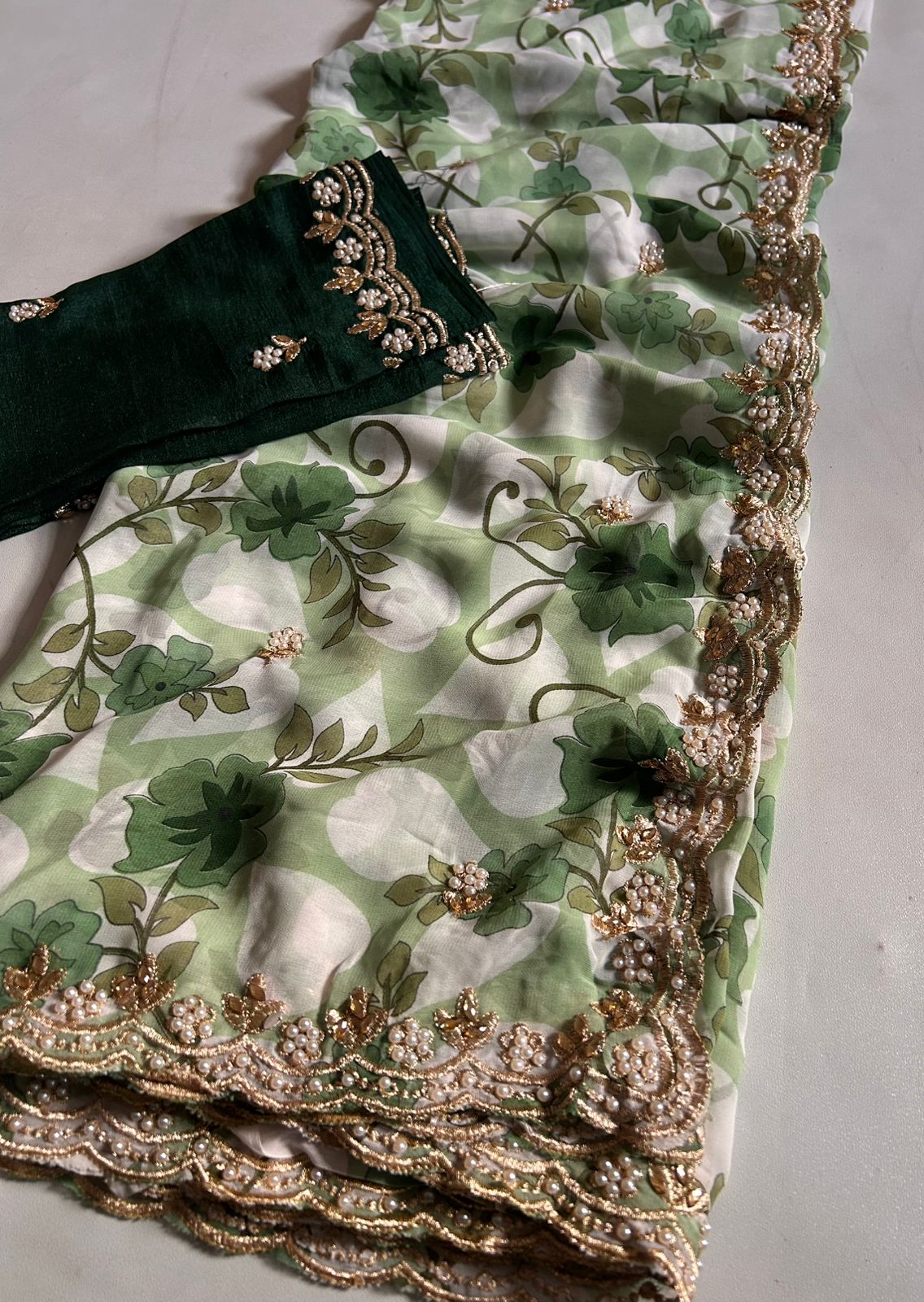 New Partywear Georgette saree with beautiful print with embroidery and work sequence butty scalloped Lace border