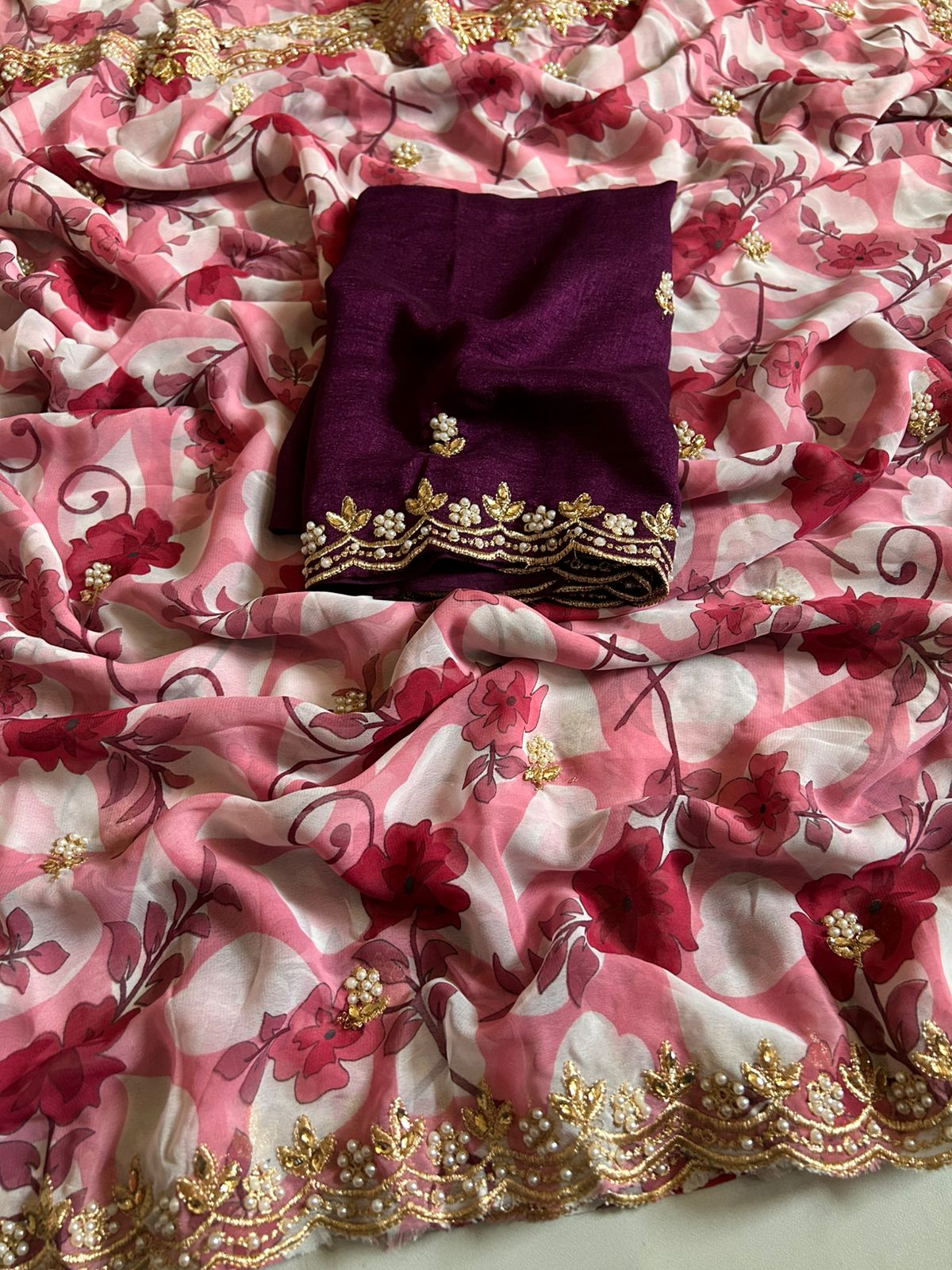 New Partywear Georgette saree with beautiful print with embroidery and work sequence butty scalloped Lace border