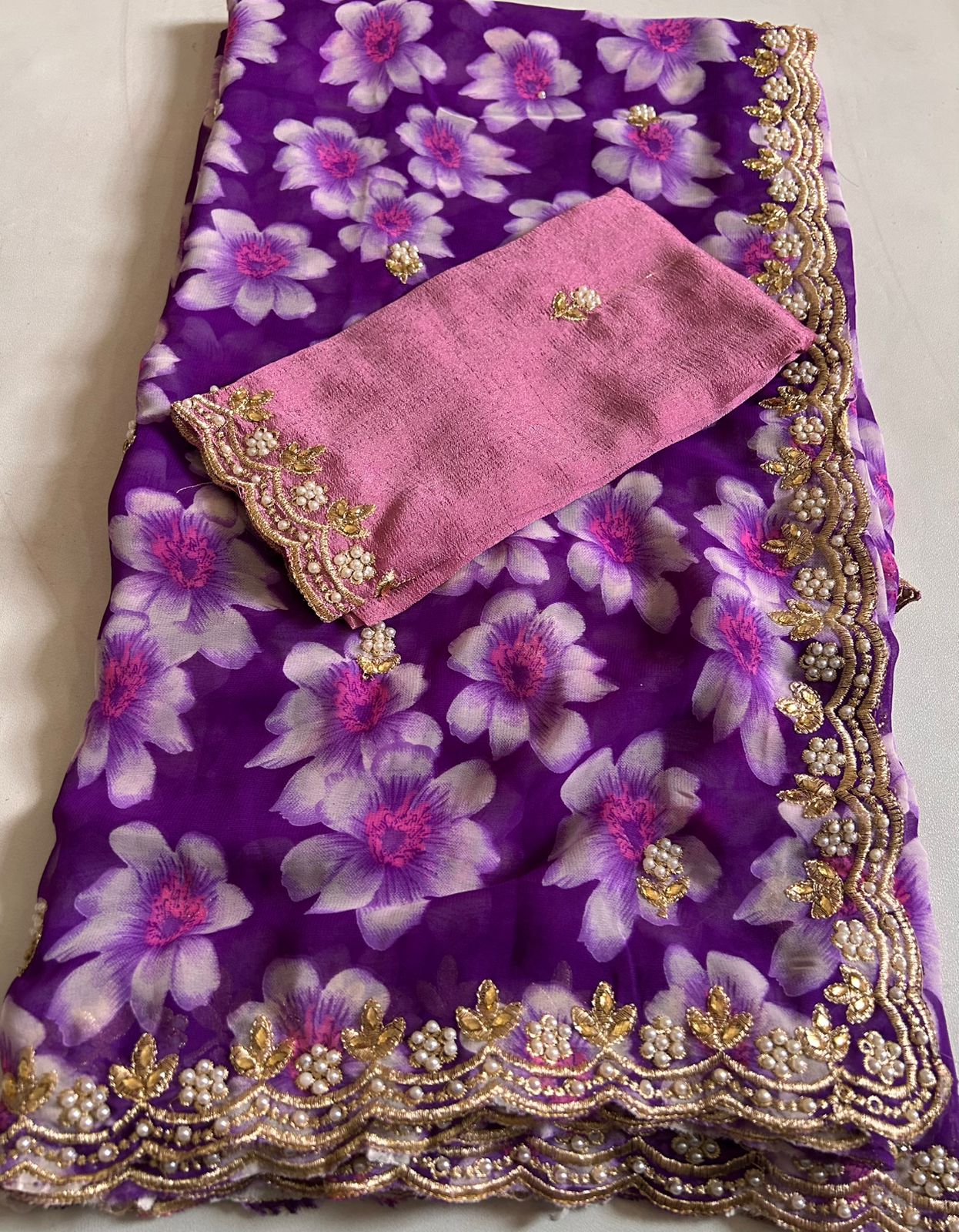 New Partywear Georgette saree with beautiful print with embroidery and work sequence butty scalloped Lace border