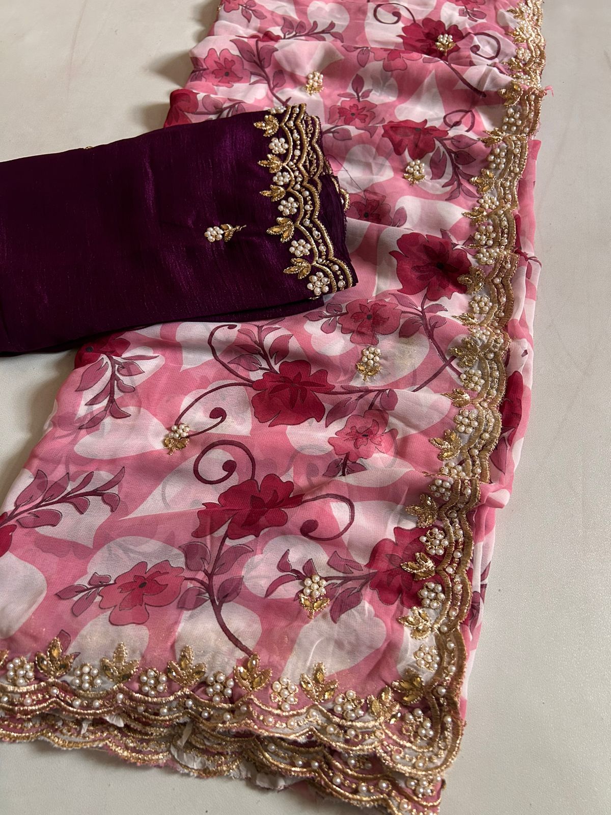New Partywear Georgette saree with beautiful print with embroidery and work sequence butty scalloped Lace border