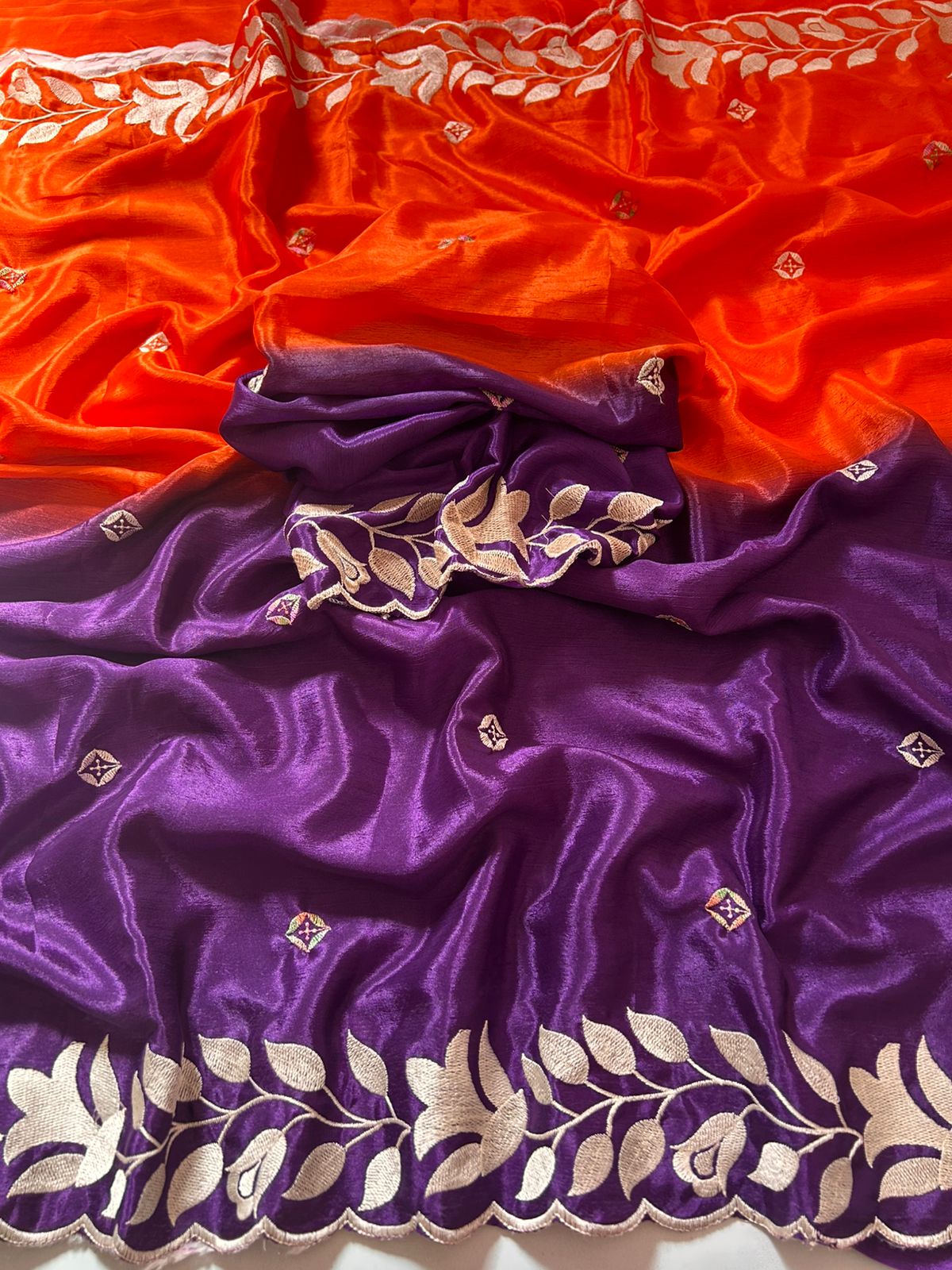 New Partywear Soft Chinnon Saree With Heavy Embroidery work And Jari Work And Border