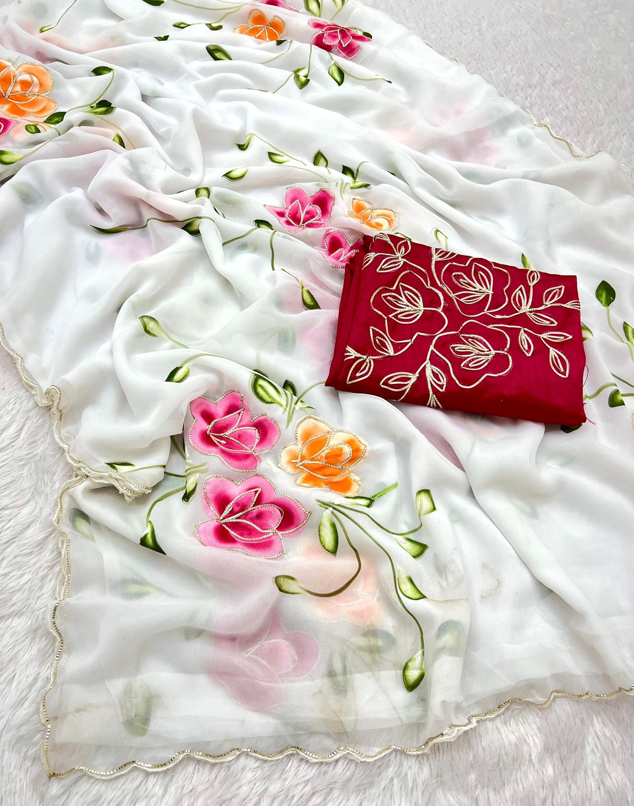 New Partywear Soft Georgette Fabric With Beautiful Floral Brush Print And Ribbon Work In Body And Cutwork Border With Contrast Art Silk Blouse