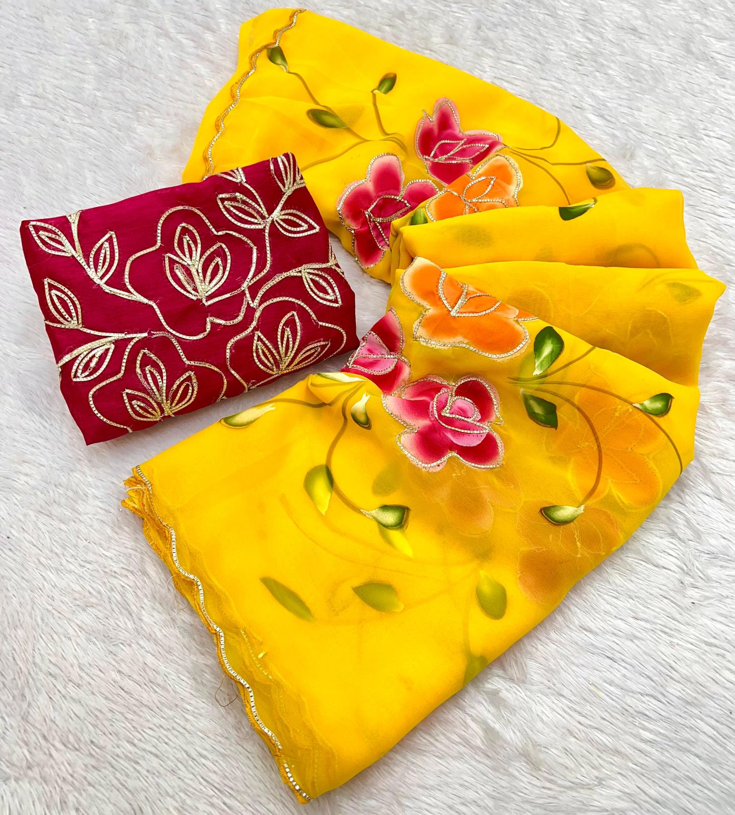 New Partywear Soft Georgette Fabric With Beautiful Floral Brush Print And Ribbon Work In Body And Cutwork Border With Contrast Art Silk Blouse
