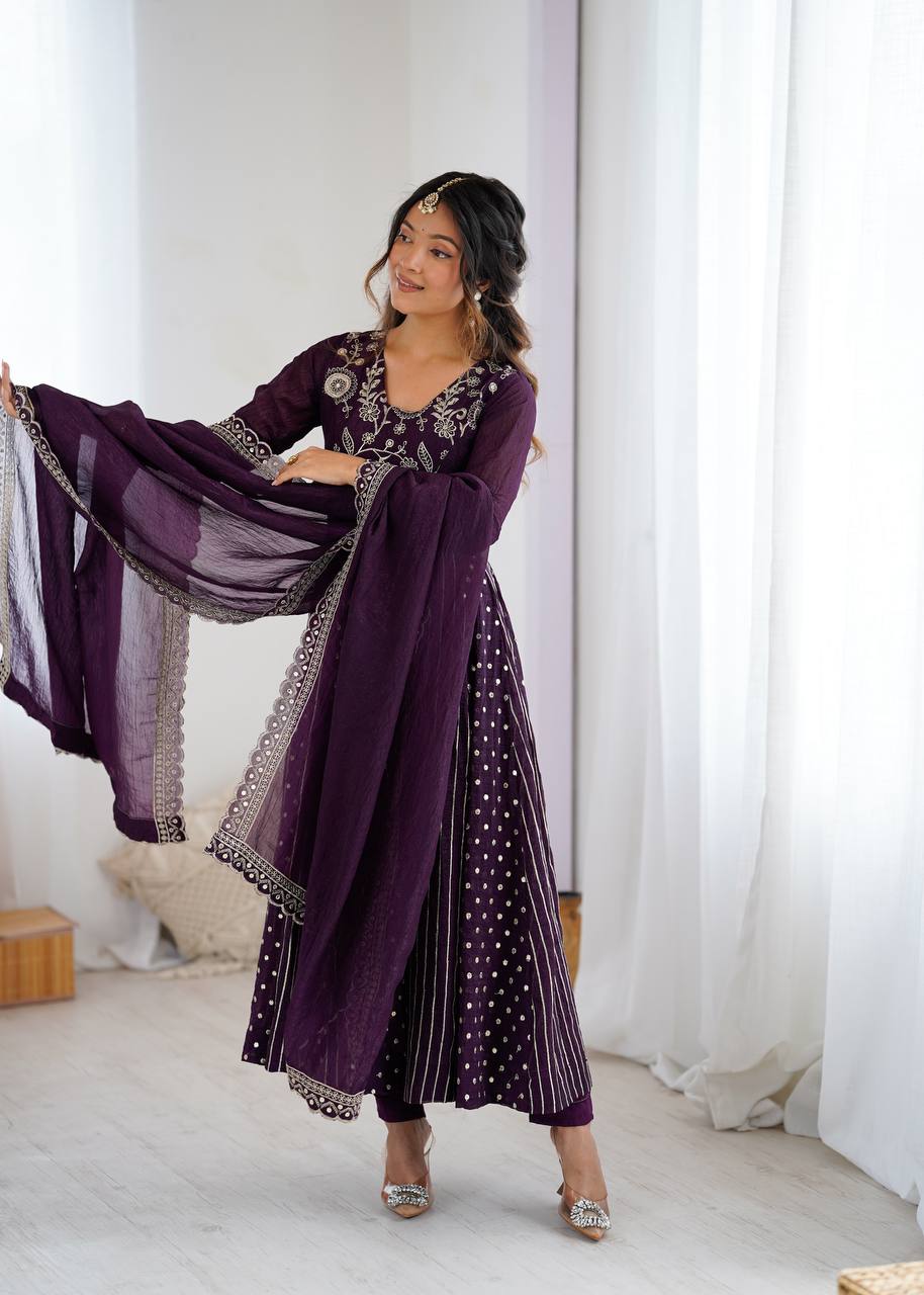Purple Color Premium Designer Anarkali Gown With Pan And Dupatta