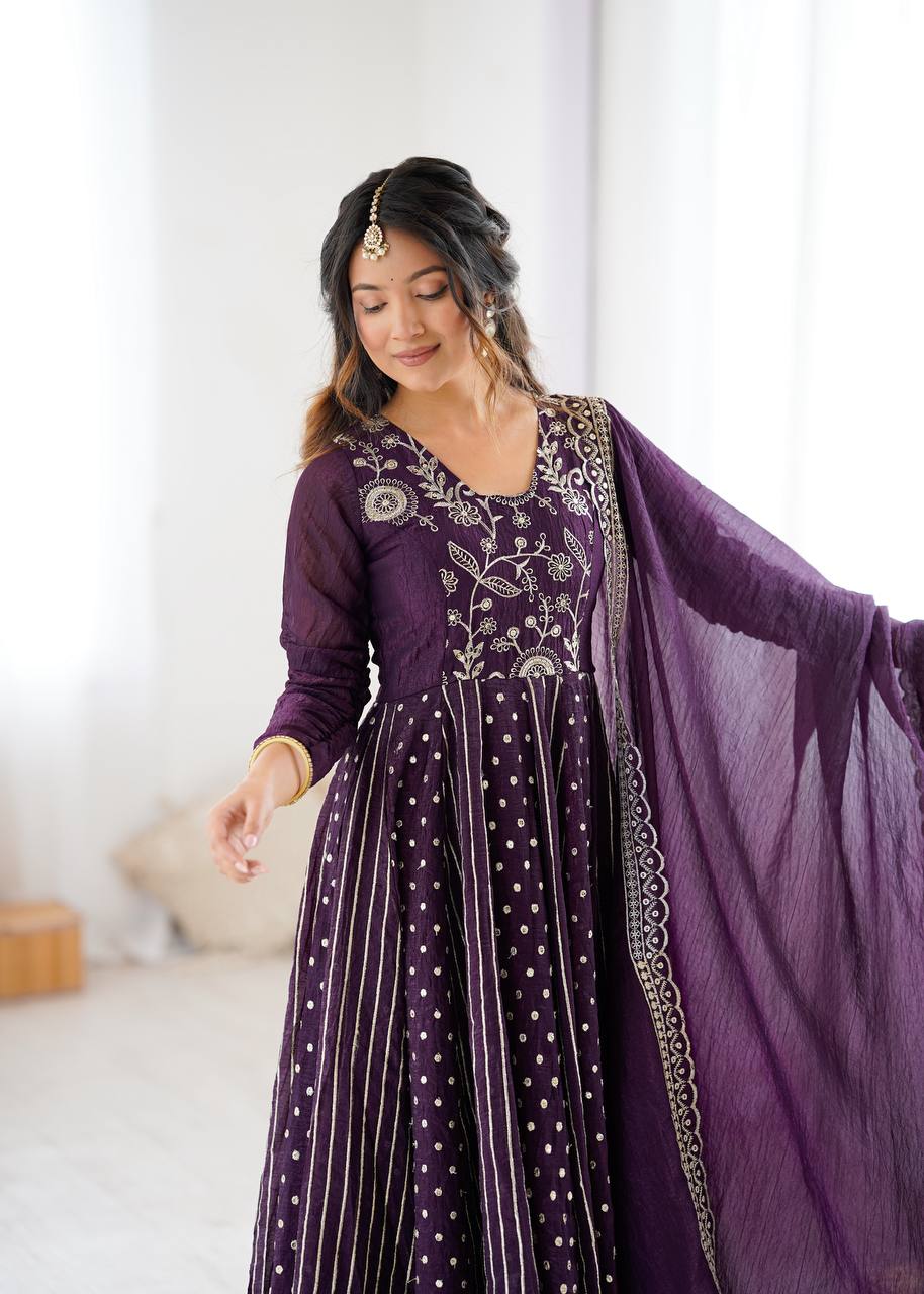Purple Color Premium Designer Anarkali Gown With Pan And Dupatta