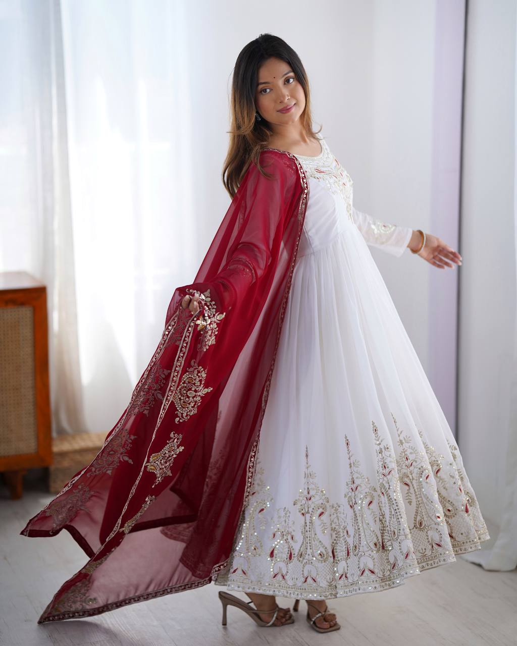 White Heavy Georgette Anarkali Kurta With Pant