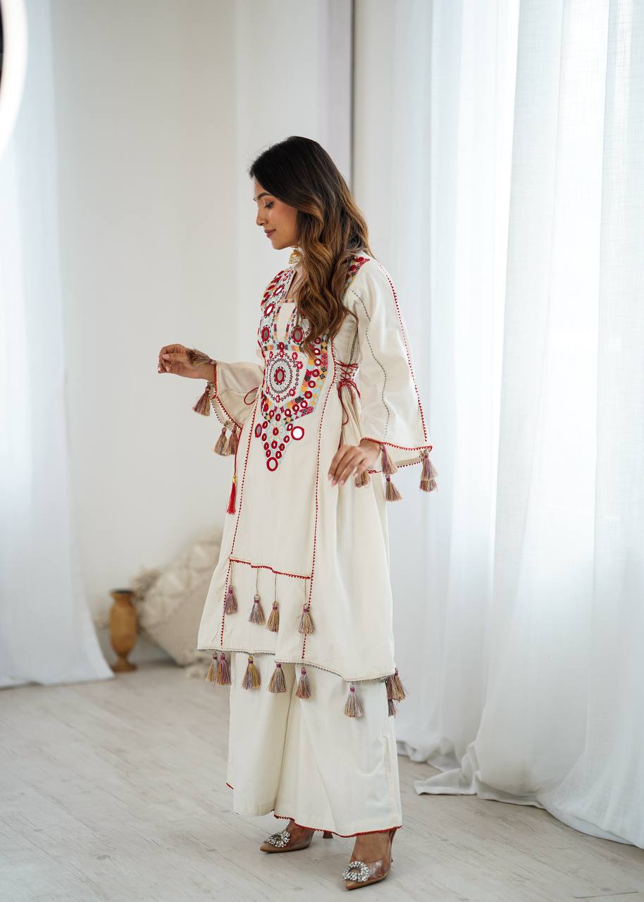 Beautiful Navratri Special White Designer Pure Khadi Cotton Embroidery sequence work Kurta With Plazzo Set