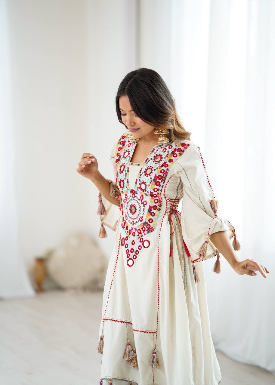 Beautiful Navratri Special White Designer Pure Khadi Cotton Embroidery sequence work Kurta With Plazzo Set