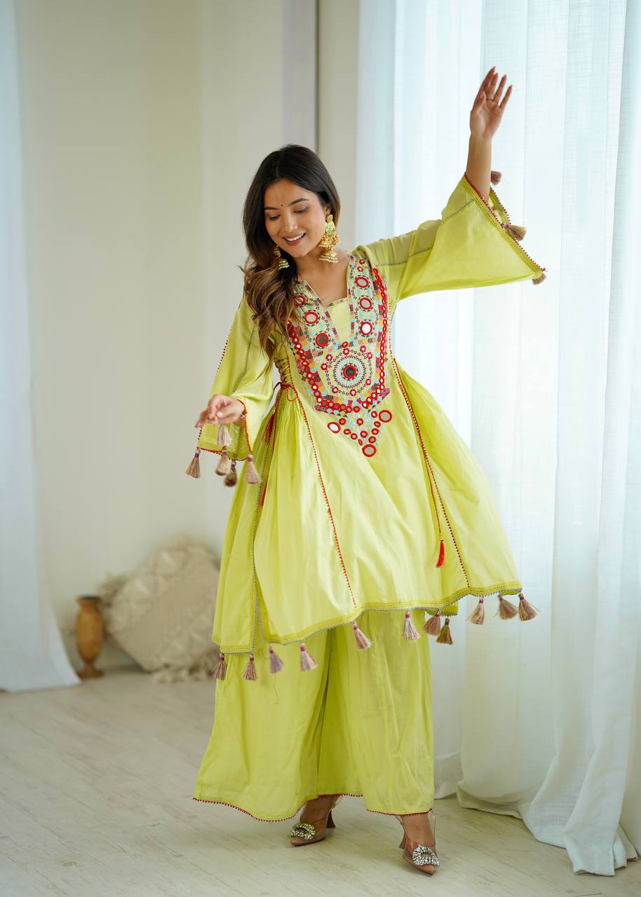 Beautiful Navratri Special White Designer Pure Khadi Cotton Embroidery sequence work Kurta With Plazzo Set