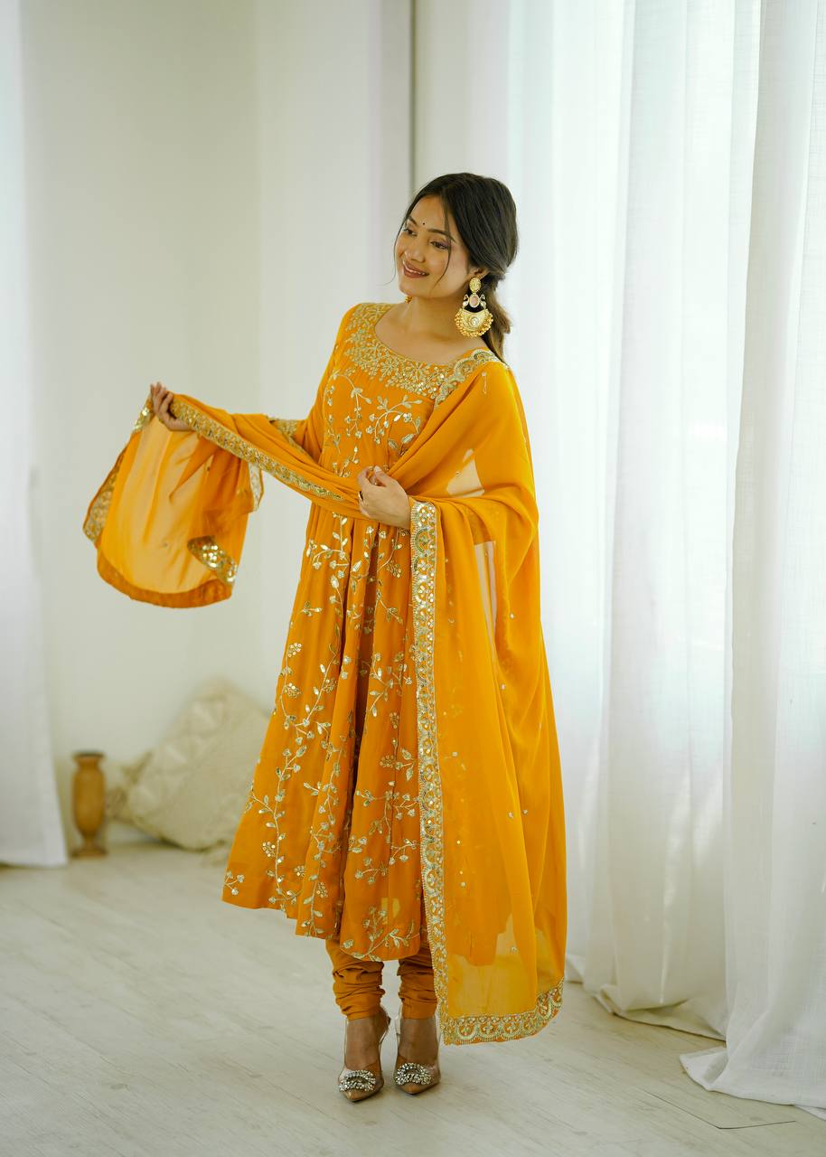 Designer Faux Georgette Embroidered Anarkali Set