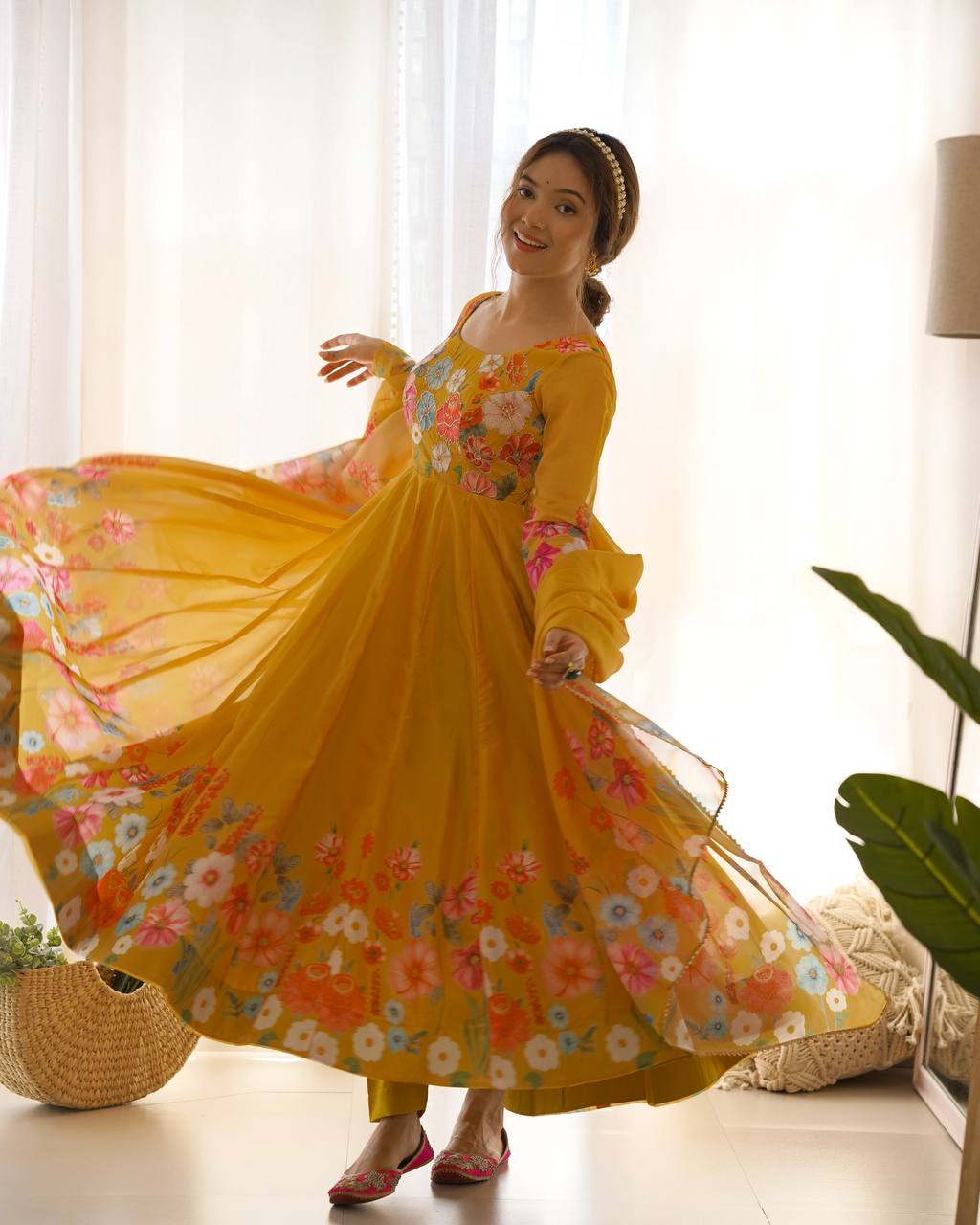 Yellow Color Organza Silk Anarkali Suit