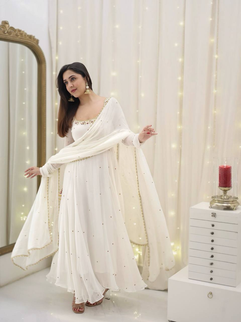 New Designer White Color Georgette Embroidery Sequence Work Gown