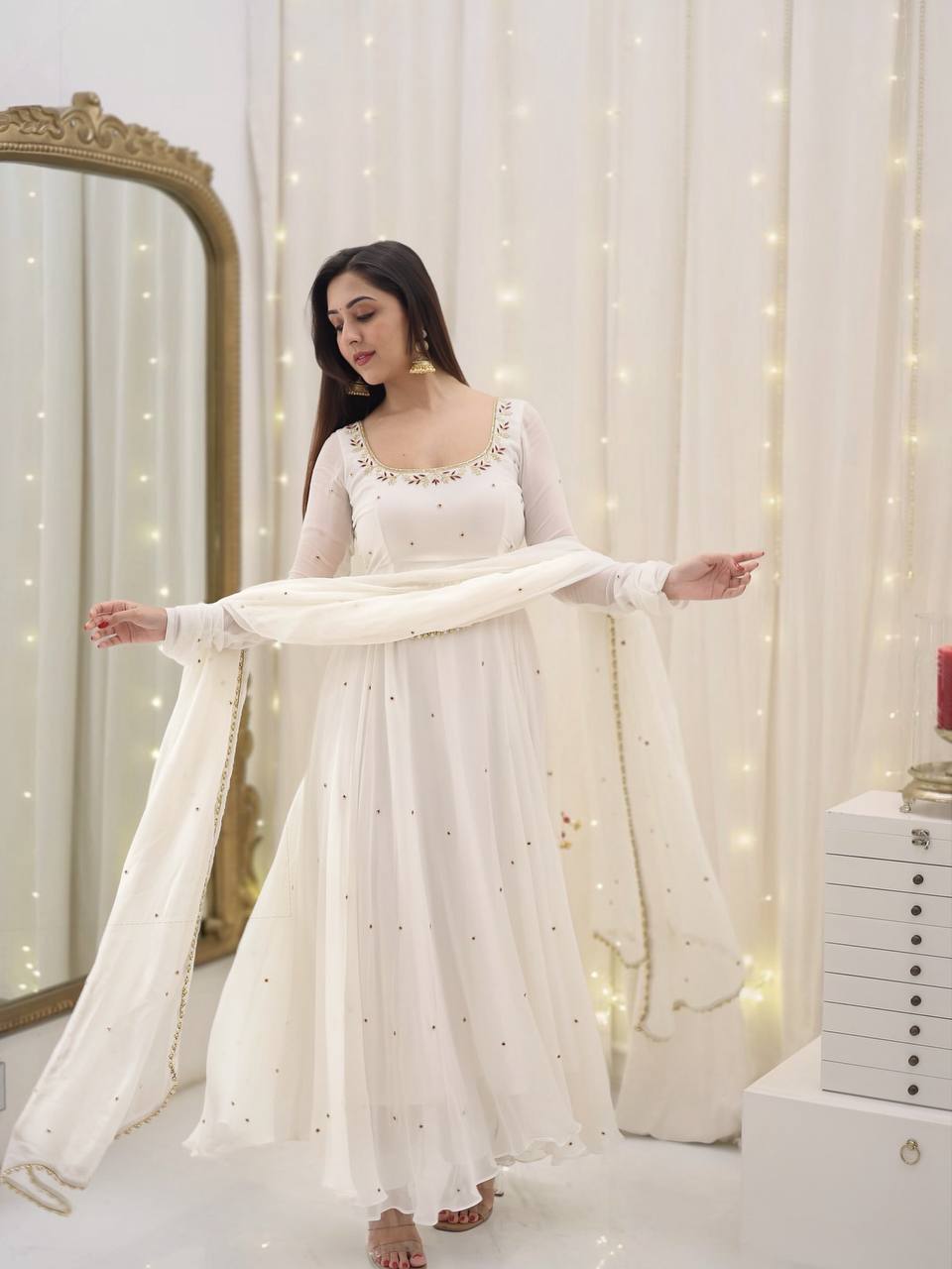 New Designer White Color Georgette Embroidery Sequence Work Gown