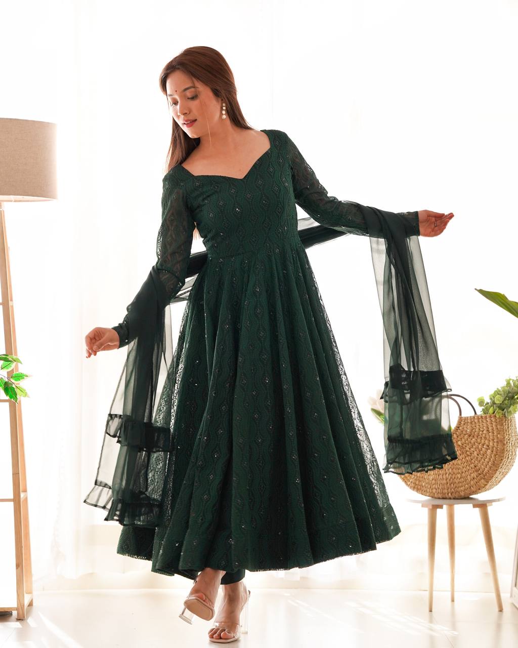 Green Color Premium Lucknowi Sequin Work Anarkali Set