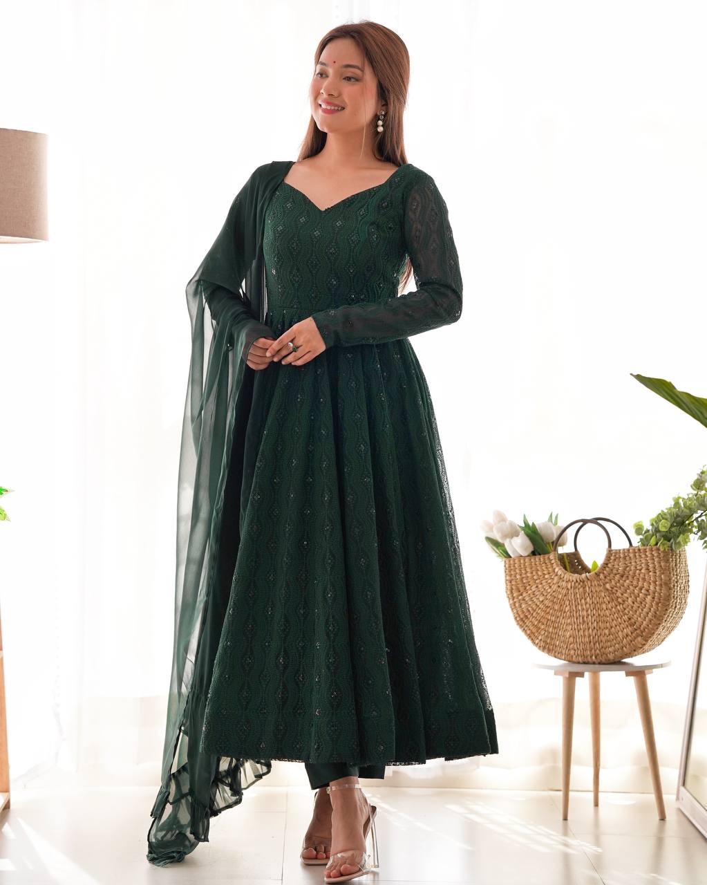 Green Color Premium Lucknowi Sequin Work Anarkali Set