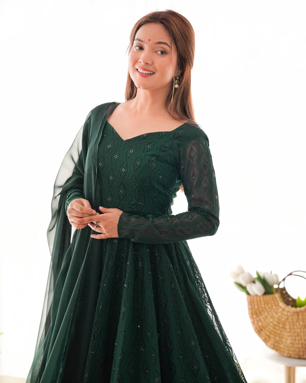 Green Color Premium Lucknowi Sequin Work Anarkali Set