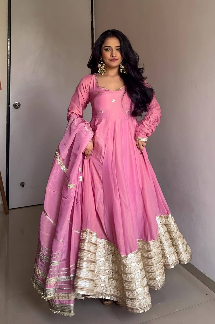 Pink Color Partywear Vichitra Silk Designer Anarkali Gown