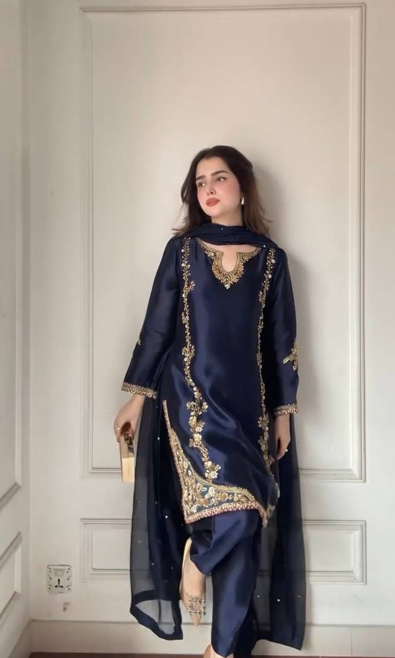 Midnight Blue Zari Embroidered Suit Set