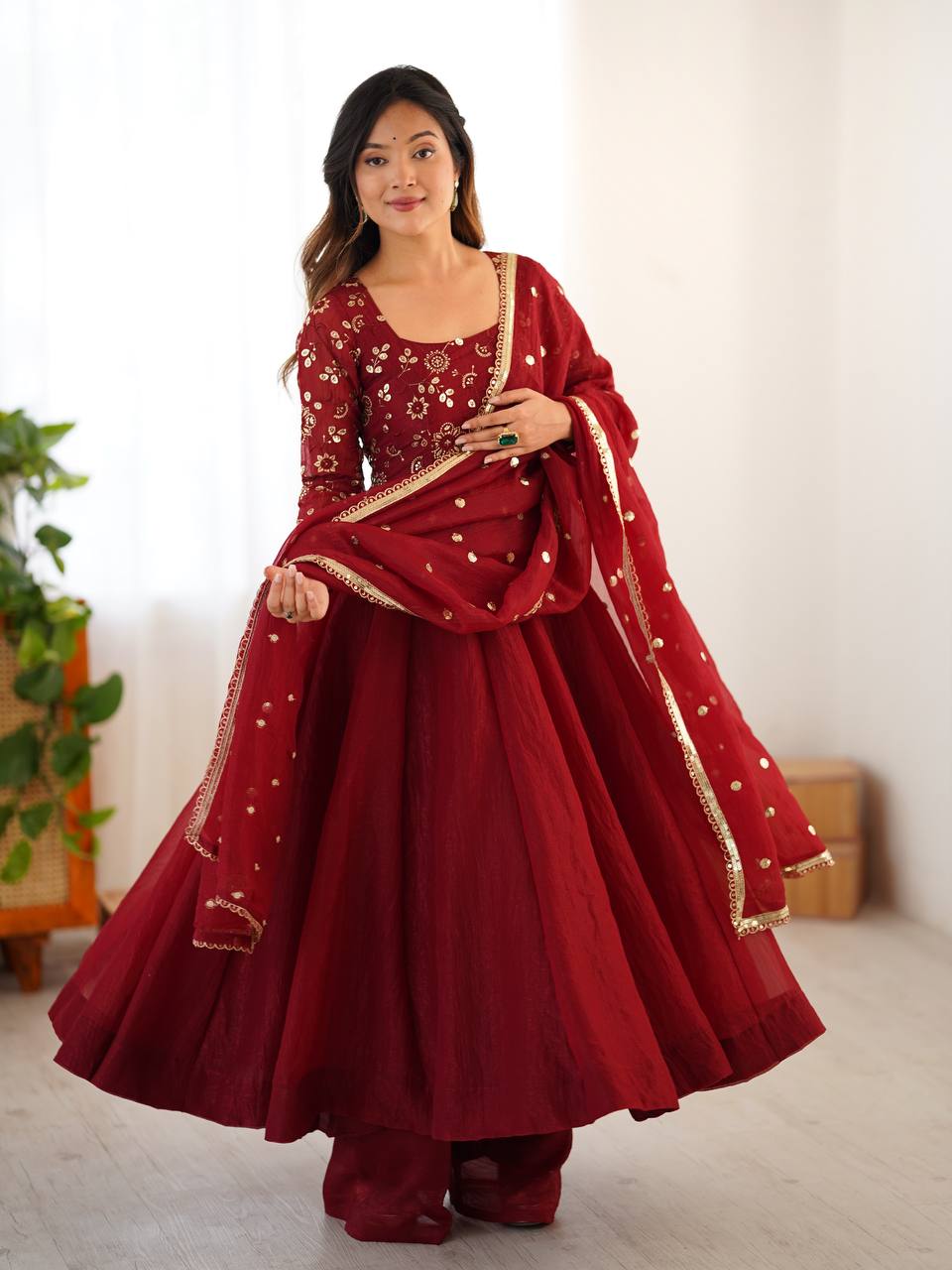 Maroon Premium Crunchy Silk with Lace Border Anarkali Kurta With Plazzo Set